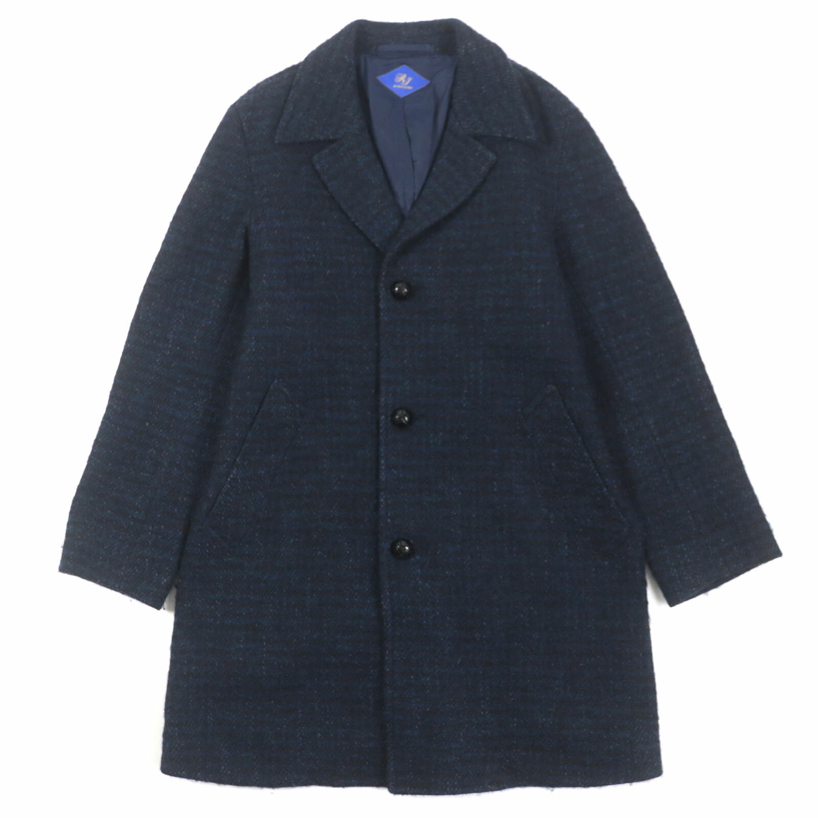 極美品▼RING JACKET リングジャケット アルパカ・モヘア・シルク混 チェック柄 クルミボタン シングル チェスターコート ネイビー 42 (日本Sサイズ相当) 日本製 正規品 メンズ【中古】