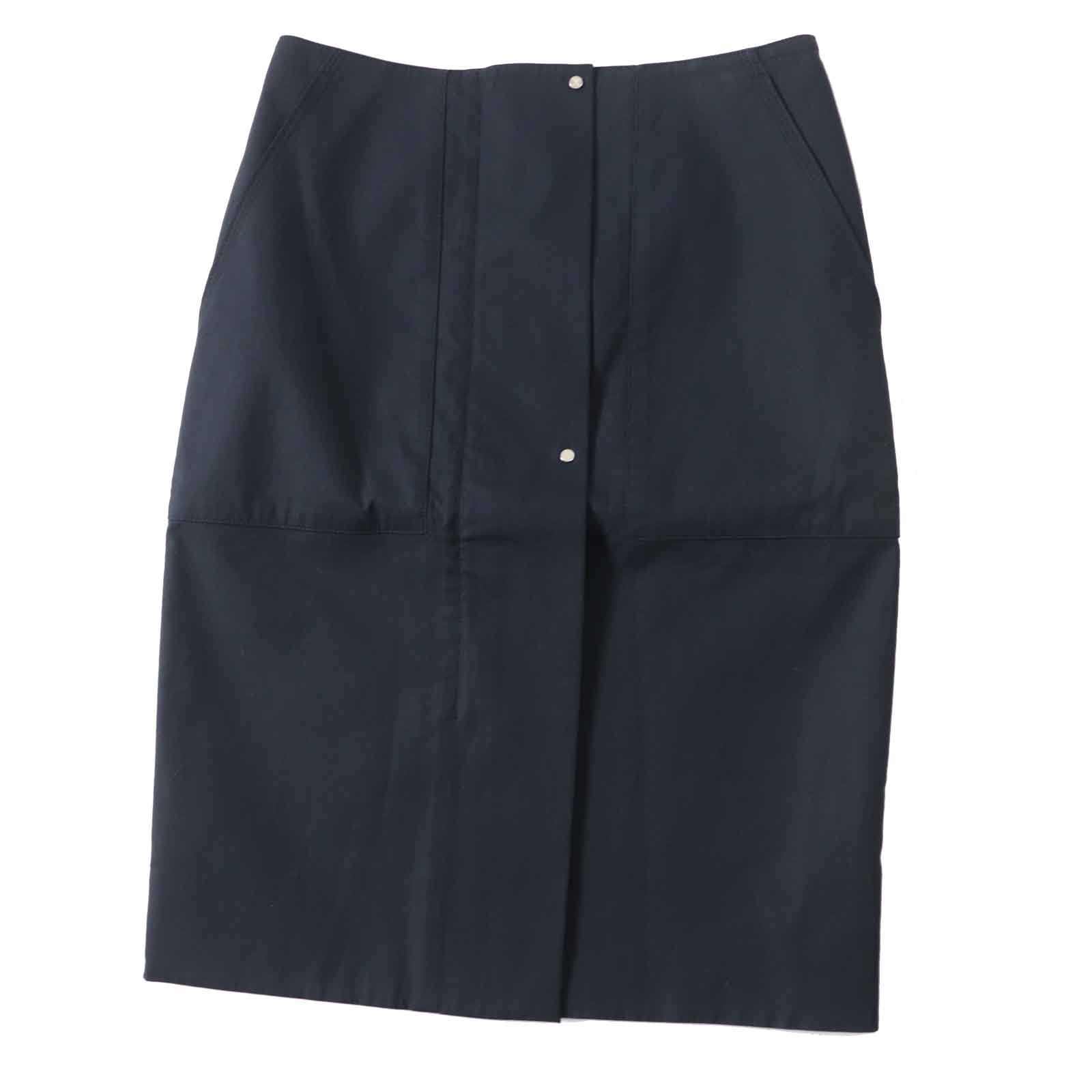 美品◎HERMES エルメス 17SS コットン シルバー金具 Hボタン付き タイトスカート ダークネイビー 34 フランス製 正規品 レディース【中古】