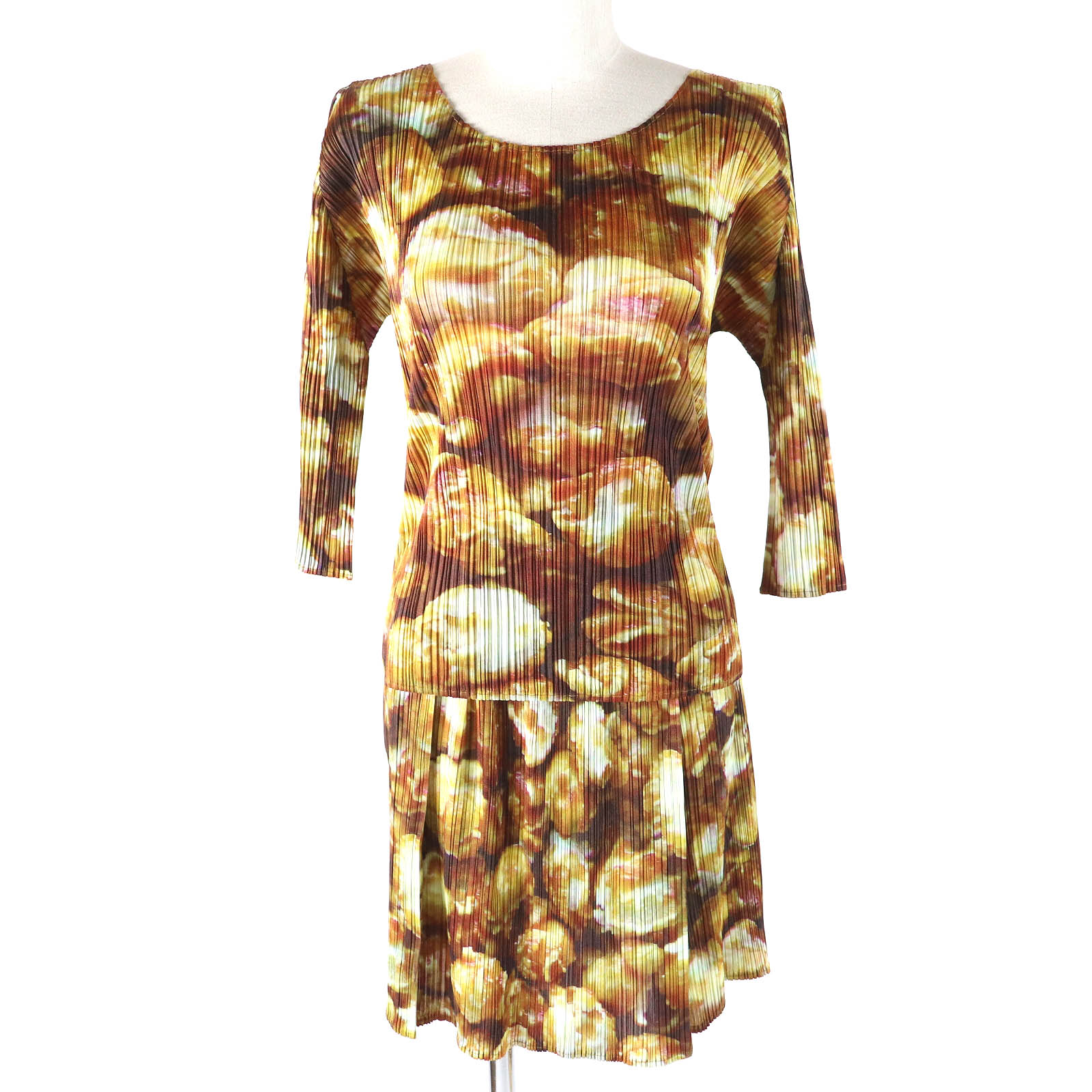 極美品△PLEATS PLEASE プリーツプリーズ イッセイミヤケ PP83-JK552/PP83-JG555 ポップコーン柄 カットソー ミニスカート セットアップ ブラウン イエロー系 上：3　下：1 正規品 日本製 レディース オススメ◎【中古】