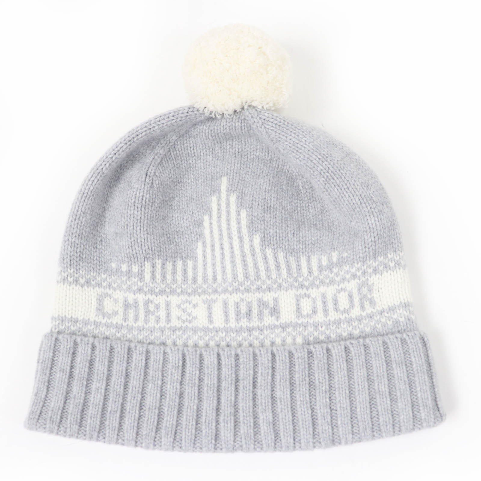 未使用品☆Christian Dior クリスチャンディオール 25DAL707I170 ウール カシミヤ ロゴ入り 梵天付 ニット帽 ニットキャップ グレー イタリア製 正規品 レディース【中古】