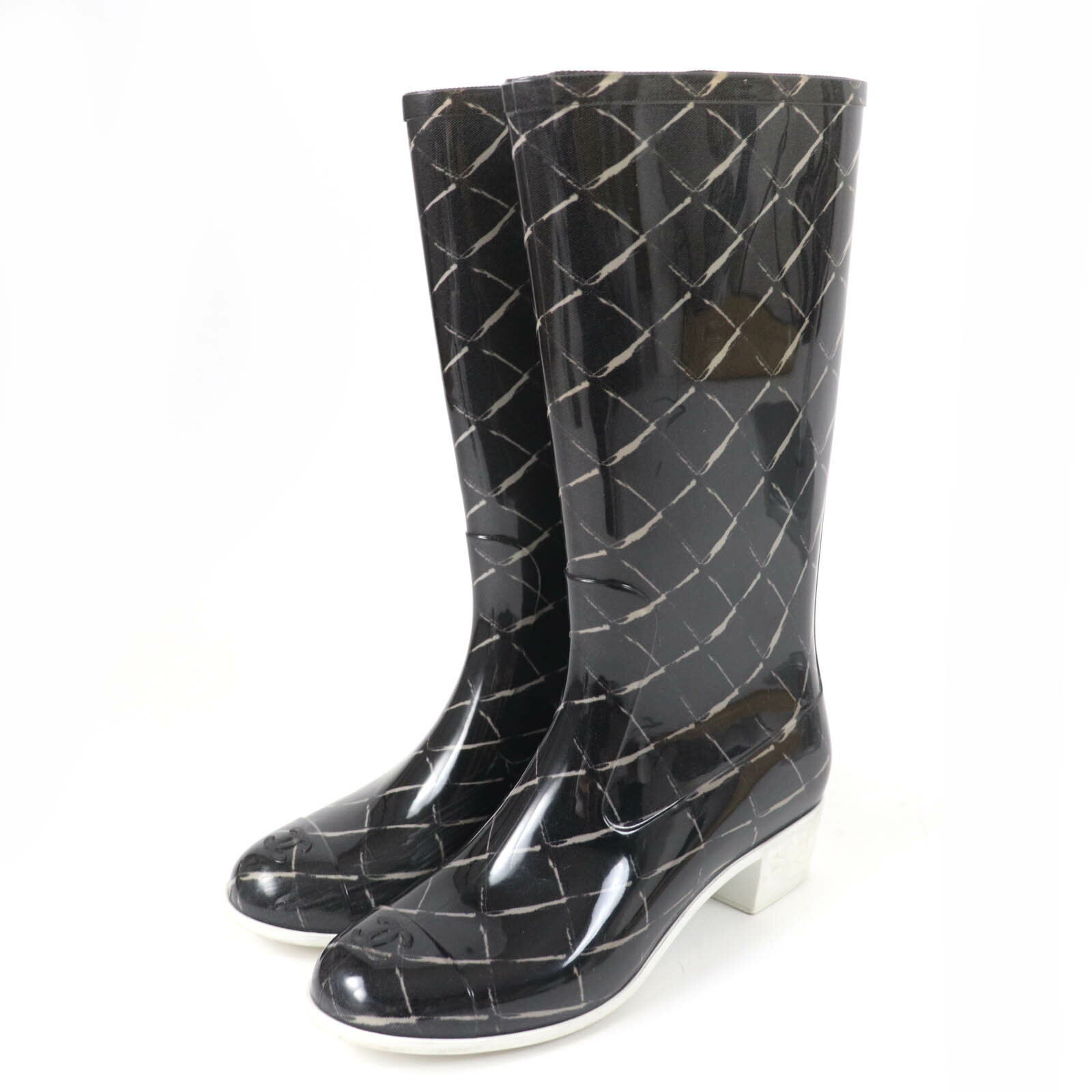 【ドンドン見直し】良品☆CHANEL シャネル ココマーク マトラッセ レインブーツ ロングブーツ ブラック 35 保存袋付き イタリア製 レディース【中古】