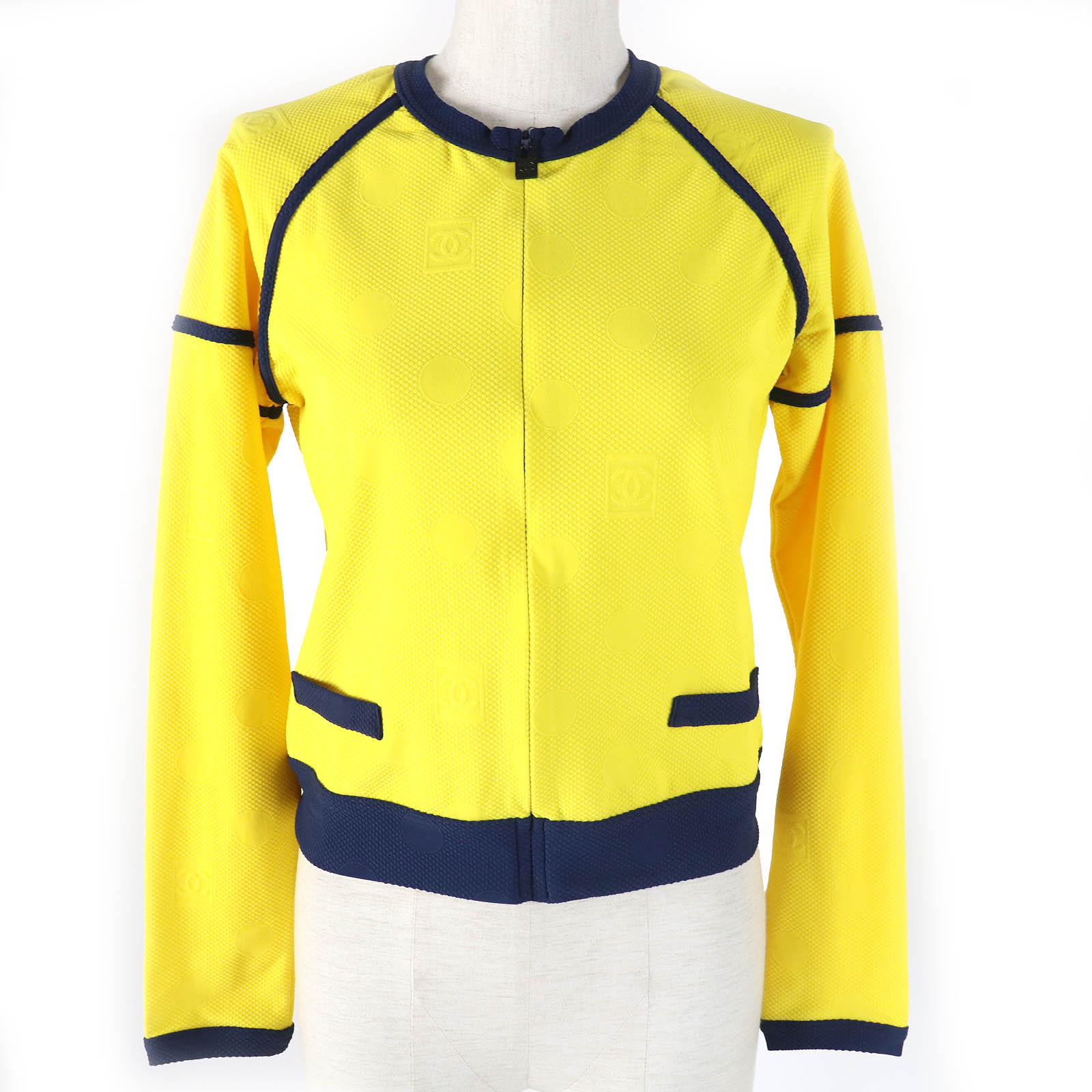 極美品△CHANEL シャネル ヴィンテージ 08P P33377 スポーツライン ココマーク・ドット柄 ノーカラー ZIP UP ジャケット 希少 イエロー ネイビー 36 フランス製 レディース【中古】