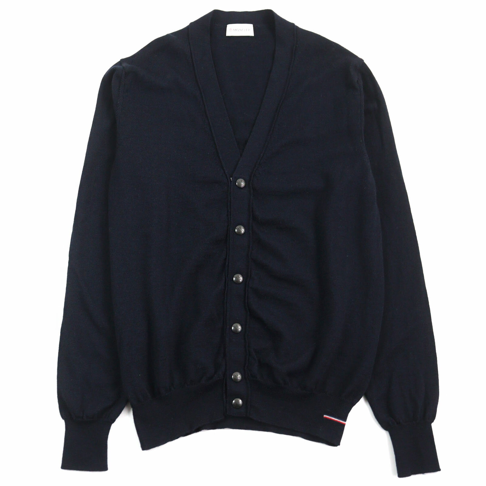 美品○MONCLER モンクレール 2020年製 F20919B70600 A9227 MAGLIONE TRICOT CARDIGAN ウール100% ロゴボタン トリコロール カーディガン ネイビー M 正規品 メンズ【中古】