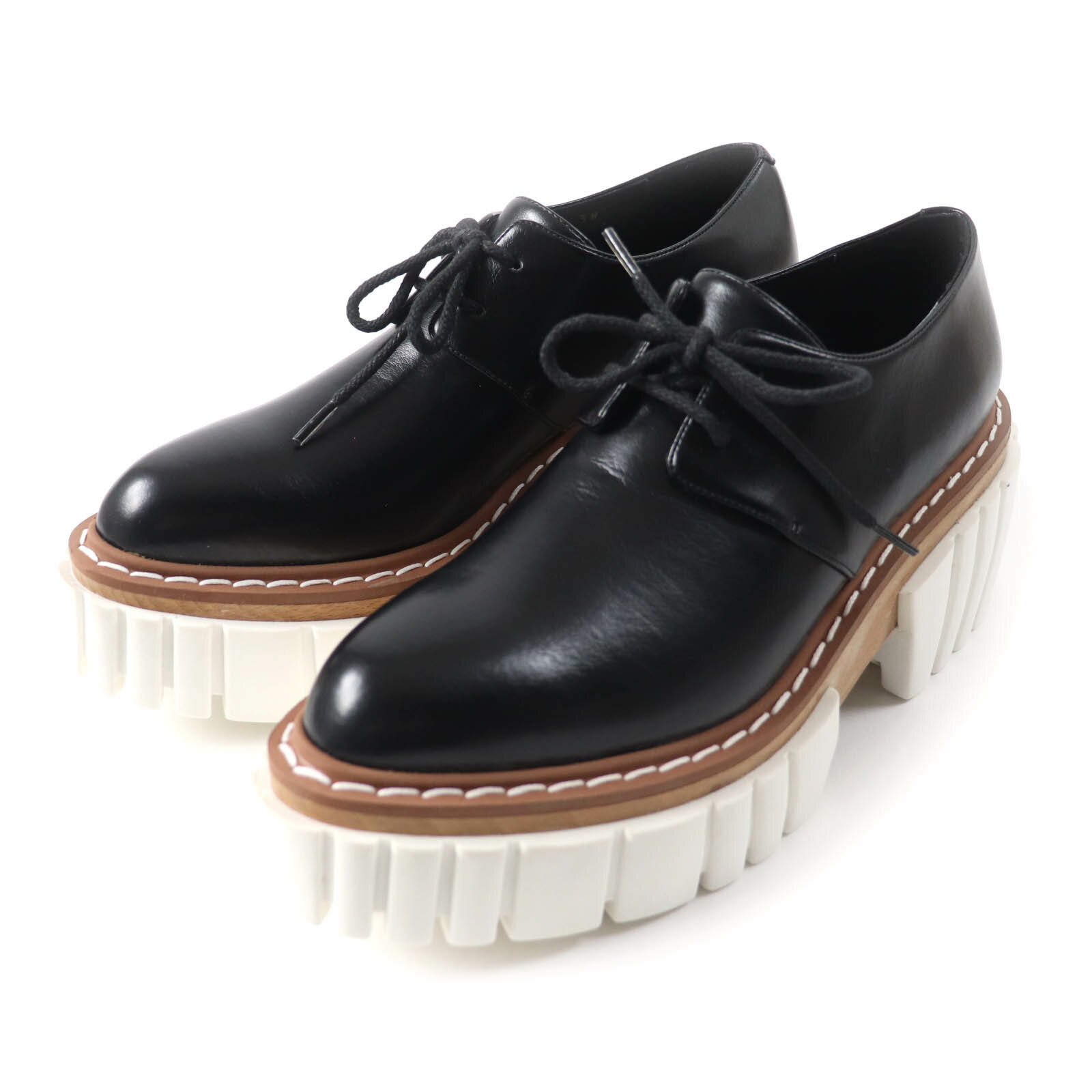極美品★Stella McCartney ステラマッカートニー 800268W0U701002 EMILIELACEUP レースアップ レザー プラットフォームシューズ ブラック 38 箱・保存袋付き イタリア製 レディース【中古】