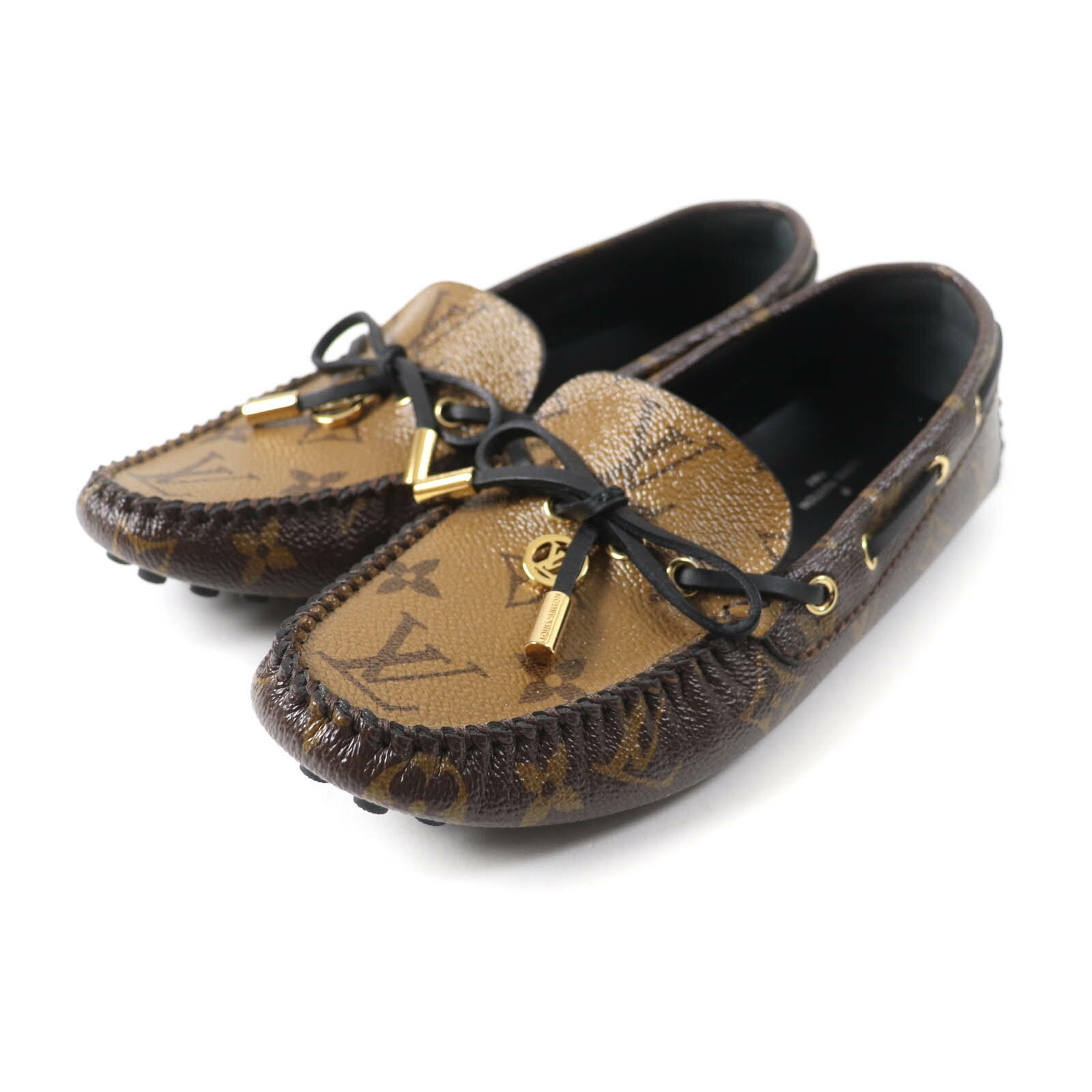 極美品★LOUIS VUITTON ルイヴィトン グロリア・ライン モノグラムリバース LV金具付 リボンデザイン レザー ドライビングシューズ スリッポン ブラウン 35.5 箱・保存袋付き イタリア製 レディース【中古】