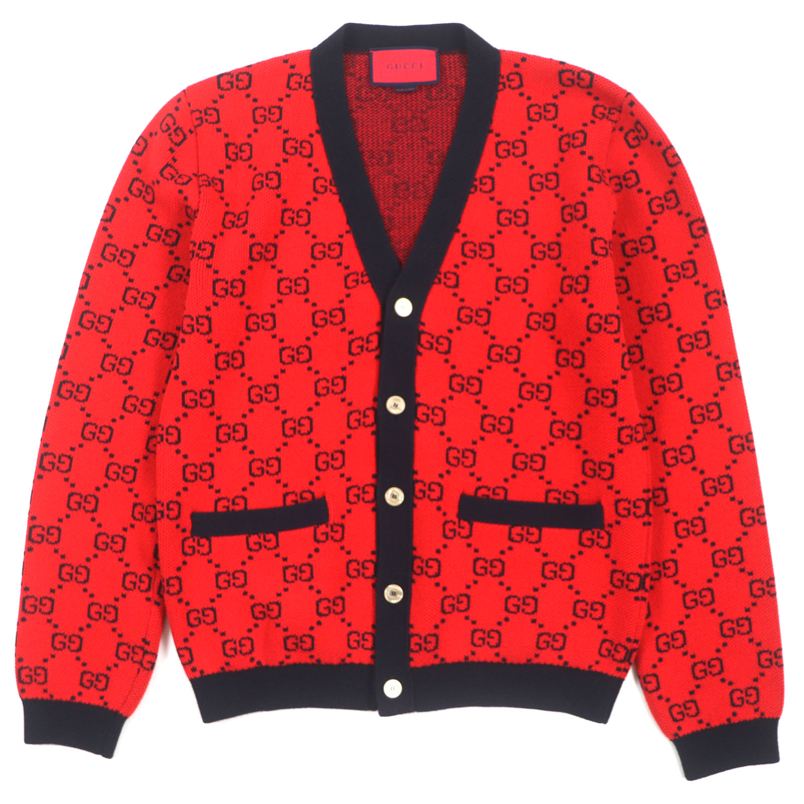 極美品▼GUCCI グッチ 661156 ウール GG柄 Vネック ロゴ入りボタン ニット カーディガン レッド ブラック M イタリア製 正規品 メンズ【中古】