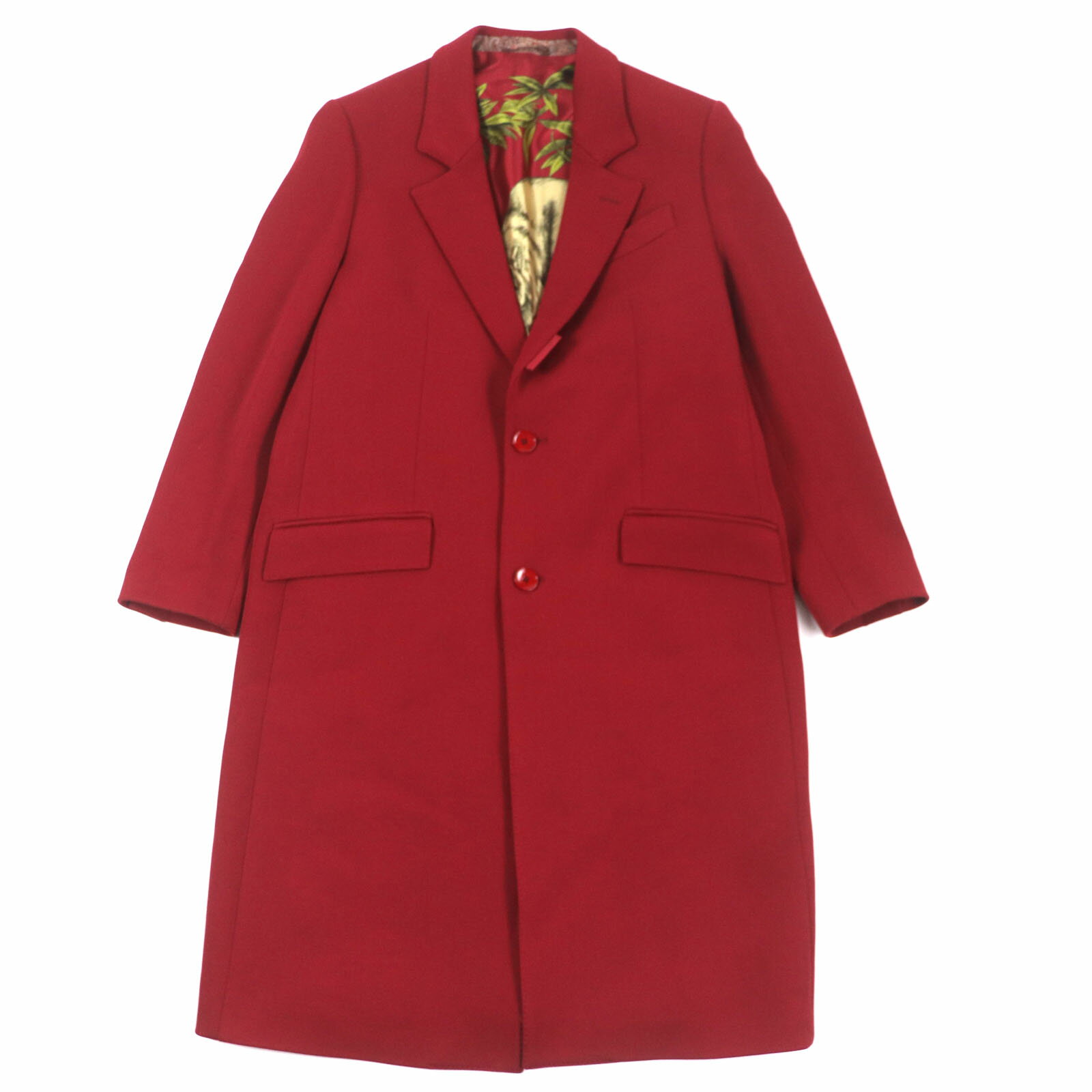 極美品▼ETRO エトロ 22AW ウール100% 裏地総柄 ロゴ入りボタン シングル チェスターコート レッド 50 イタリア製 正規品 メンズ【中古】