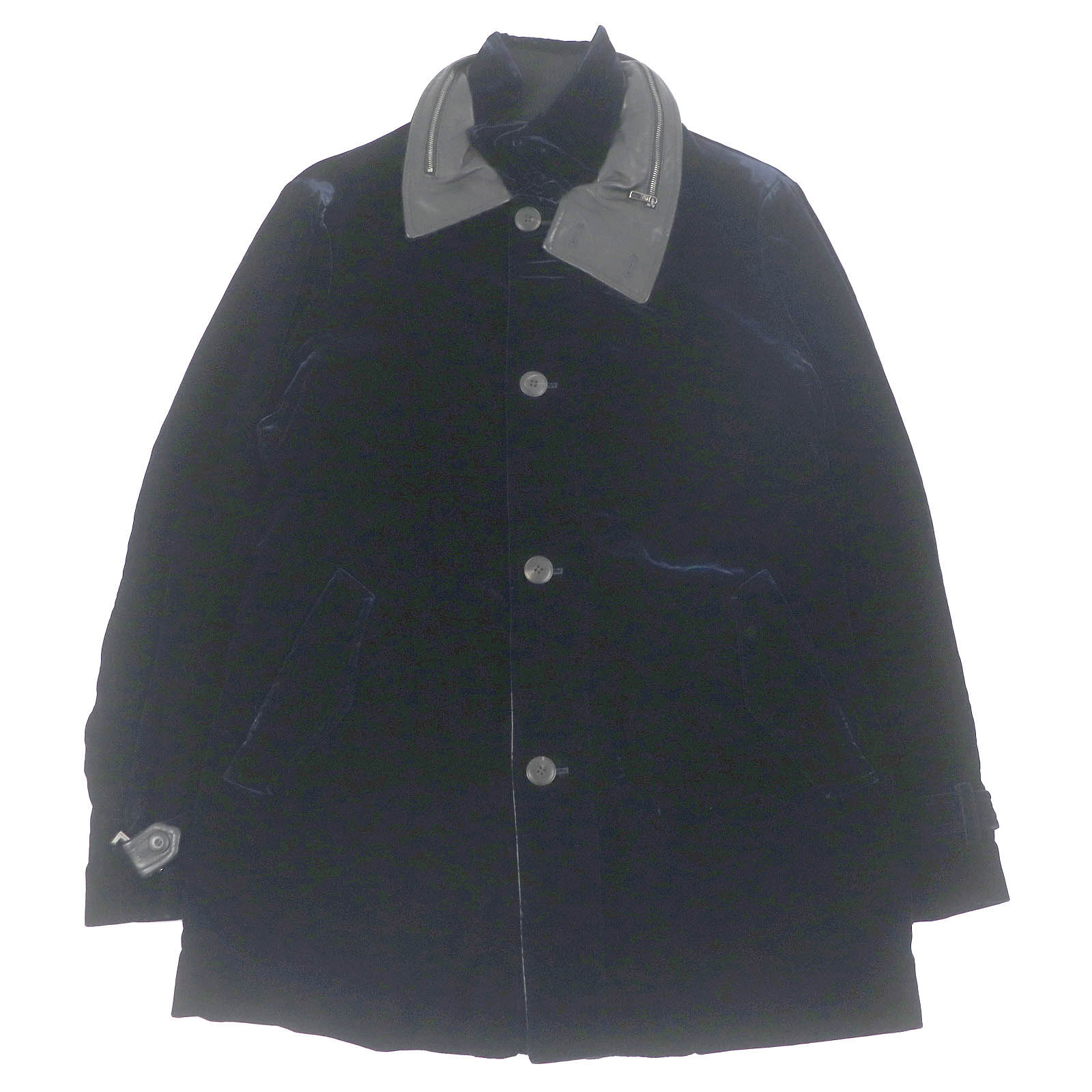 極美品□GIORGIO ARMANI ジョルジオアルマーニ レザー使い WZIP フード入り ベルベットコート ダークネイビー 54 ハンガー・ガーメント付き イタリア製 正規品 メンズ【中古】