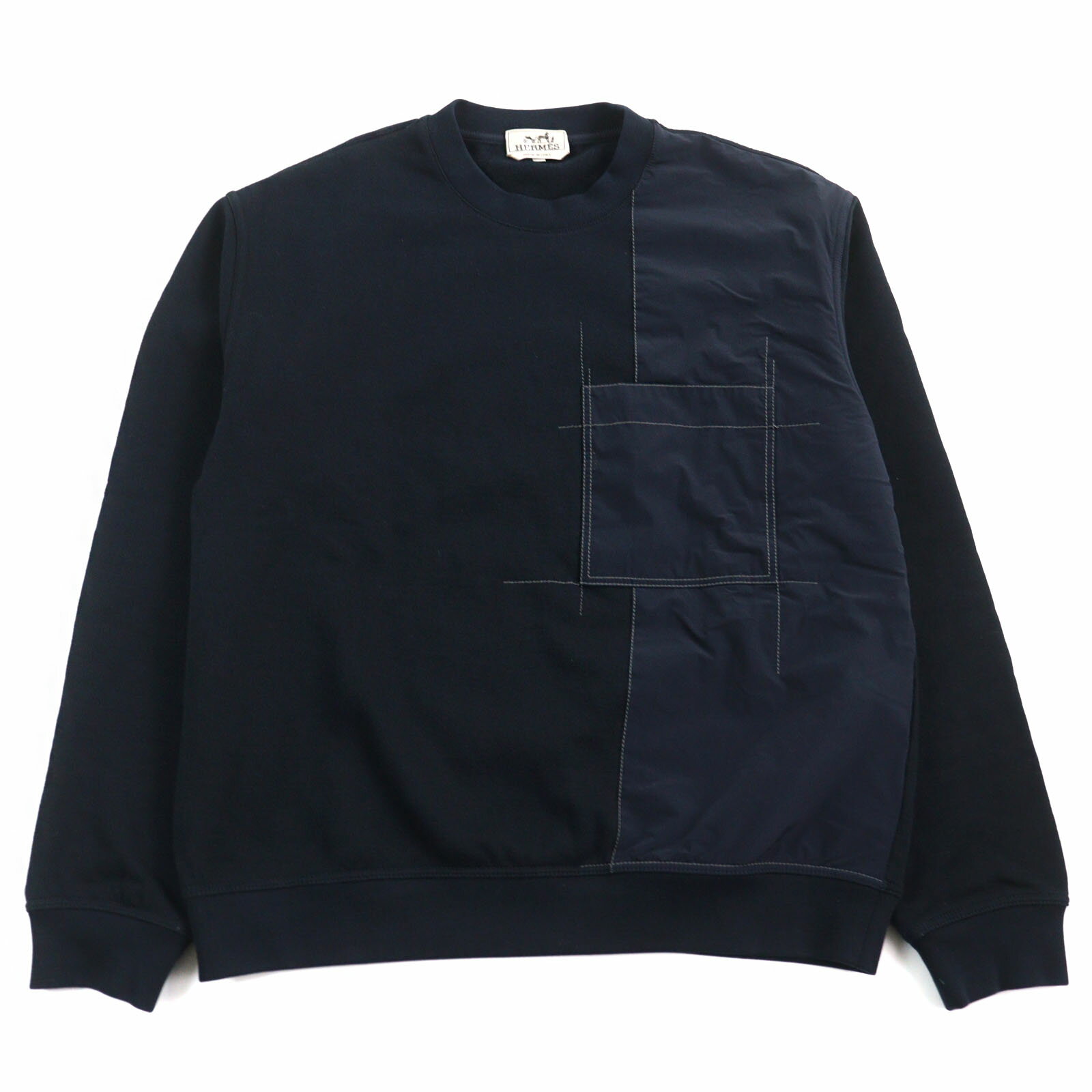美品○HERMES エルメス 21AW コットン100% ナイロン切替 クルーネック スウェット トレーナー ネイビー XL イタリア製 正規品 メンズ【中古】