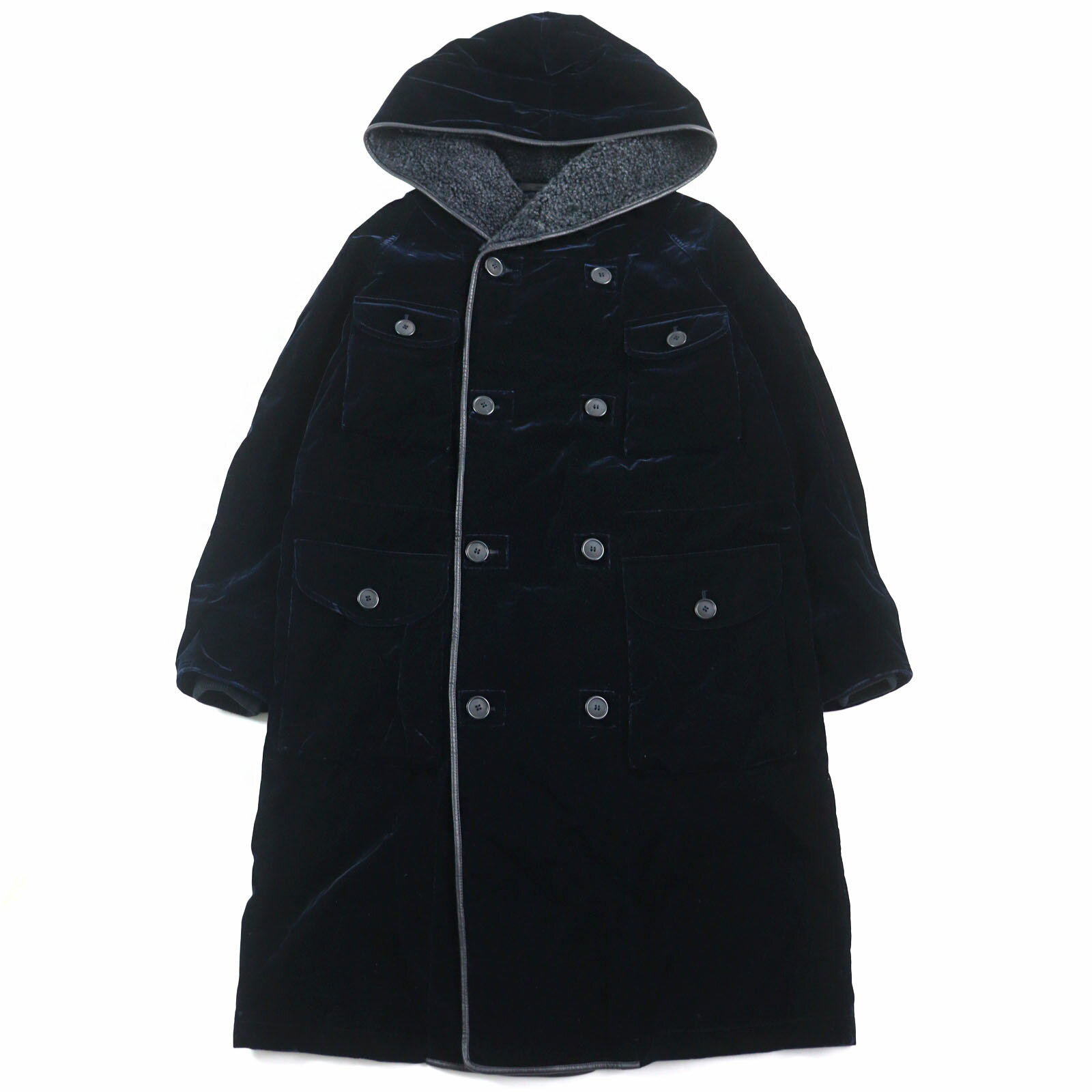 極美品○GIORGIO ARMANI ジョルジオアルマーニ 2020年製 0WGOL05E WATER REPELLENT ムートン使い ベルベット フーデッド ロングコート ダークネイビー 50R ハンガー・ガーメント付き イタリア製 正規品 メンズ【中古】
