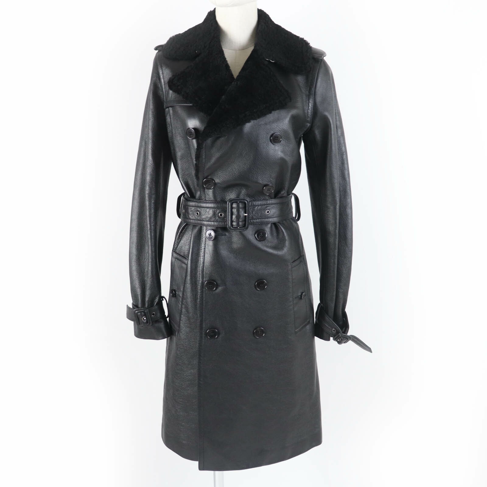 極美品☆SAINT LAURENT PARIS サンローランパリ 625230 ムートン使い レザー トレンチコート ブラック 36 ハンガー・ガーメント付き イタリア製 正規品 レディース【中古】