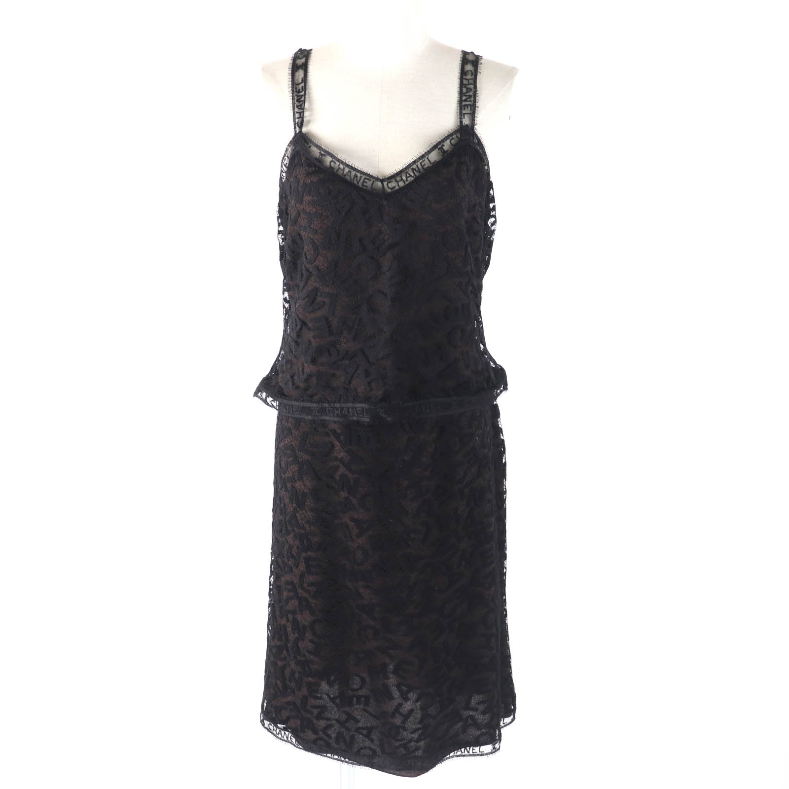極美品△CHANEL シャネル 98A P12215 総ロゴレース キャミソール スカート セットアップ ブラック ダークブラウン 42 フランス製 レディース オススメ◎【中古】