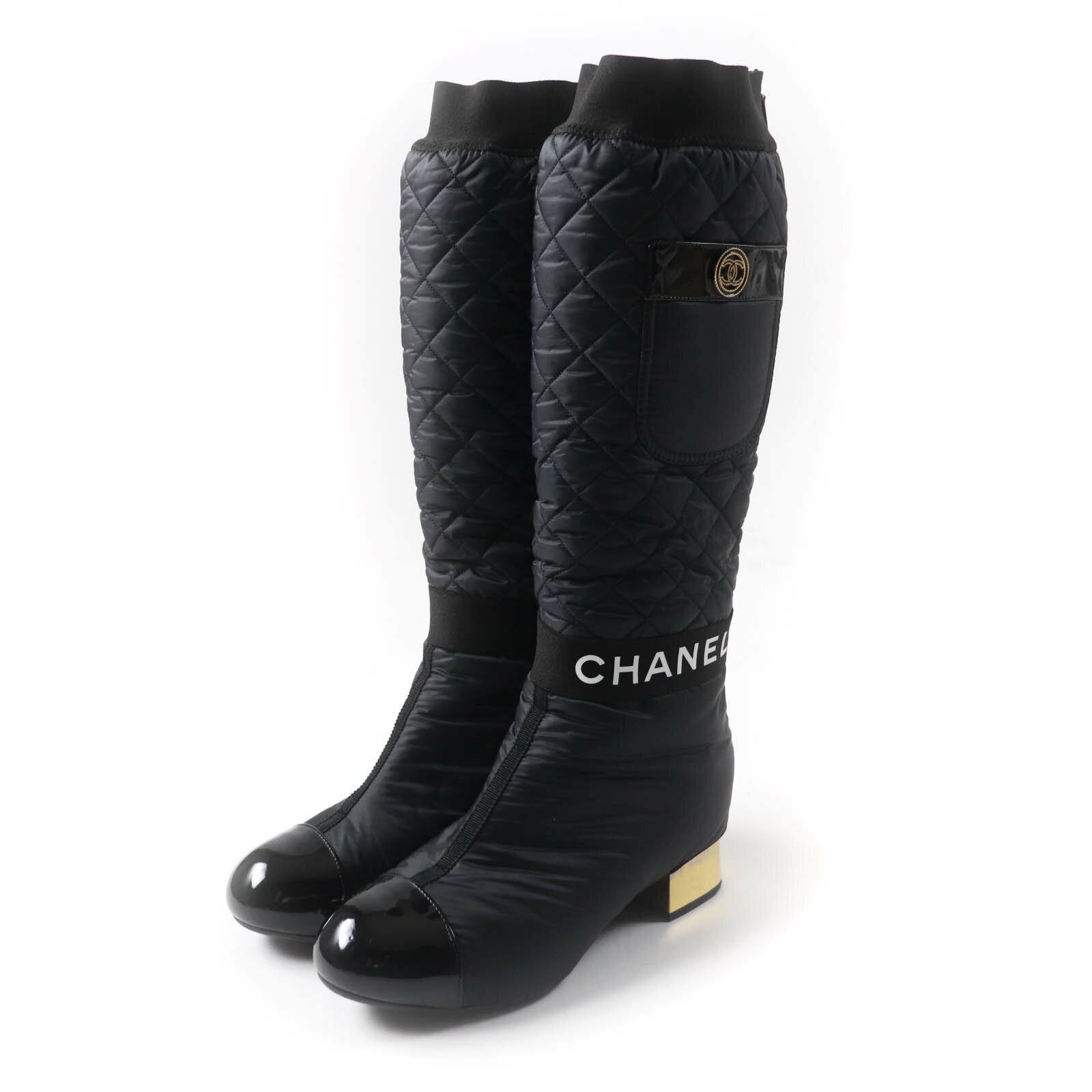 美品★CHANEL シャネル G38428 21K ココマーク金具付 ロゴデザイン パテントレザー使い キルティング レザー 2way ロングブーツ ブラック 37 イタリア製【中古】