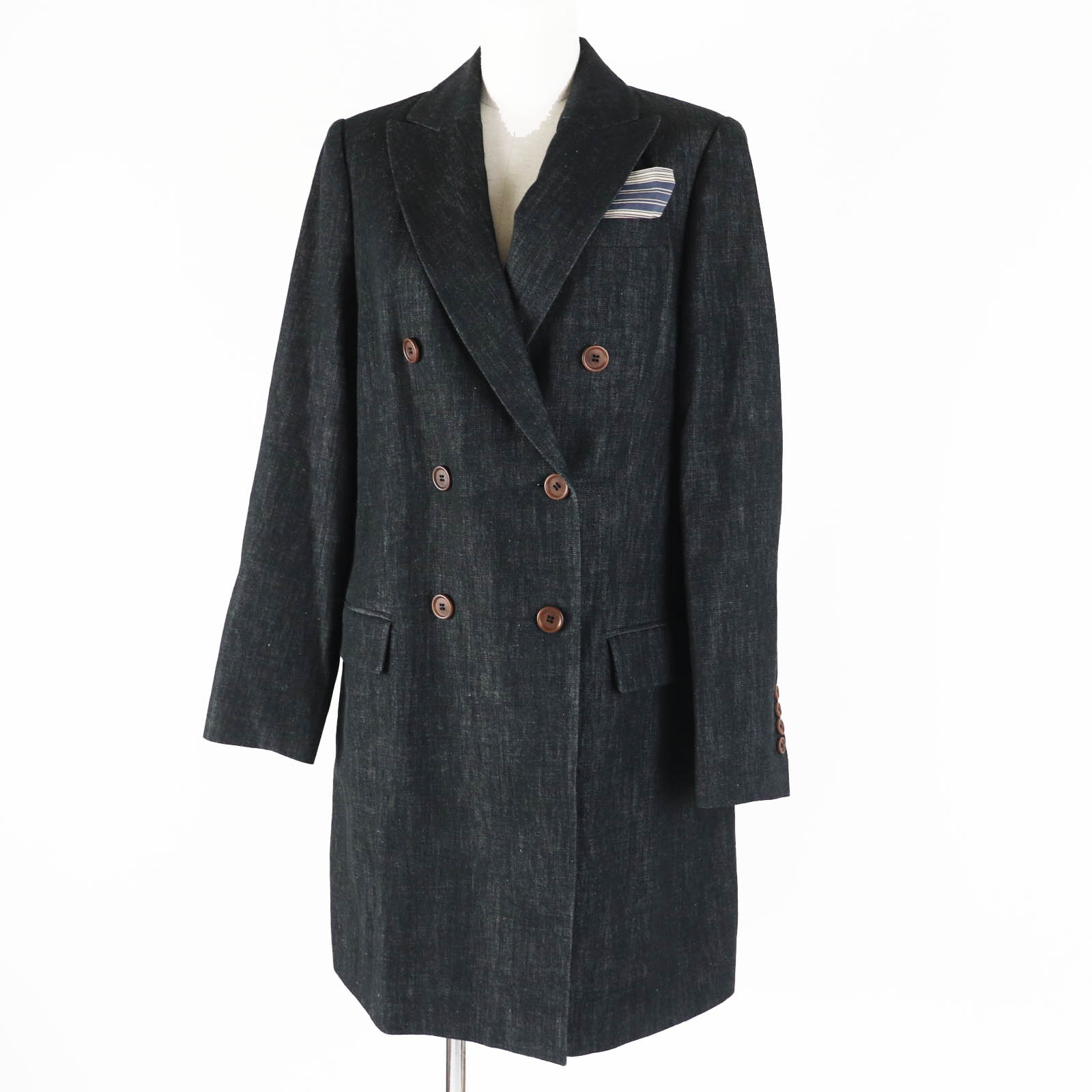 極美品◎Brunello Cucinelli ブルネロクチネリ コットン100％ ポケットチーフ付き ウッドボタン ダブルブレスト デニム コート インディゴブルー 42 イタリア製 正規品 レディース【中古】