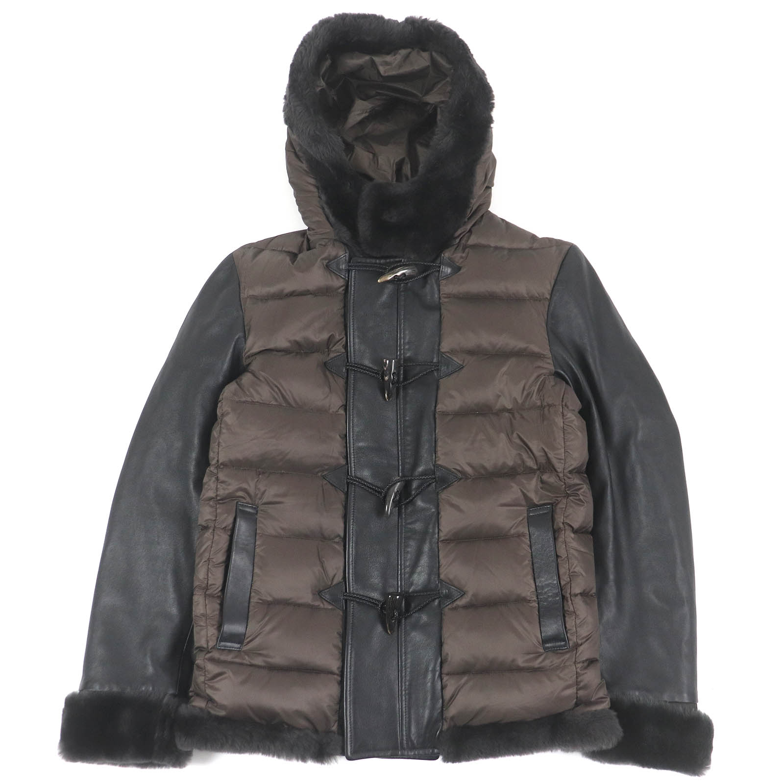 極美品□EMMETI エンメティ FRED フレッド トグルボタン ナッパレザー ハイブリッドミックス ムートン ダウンジャケット ブラウン ブラック 44 ハンガー付き イタリア製 正規品 メンズ【中古】