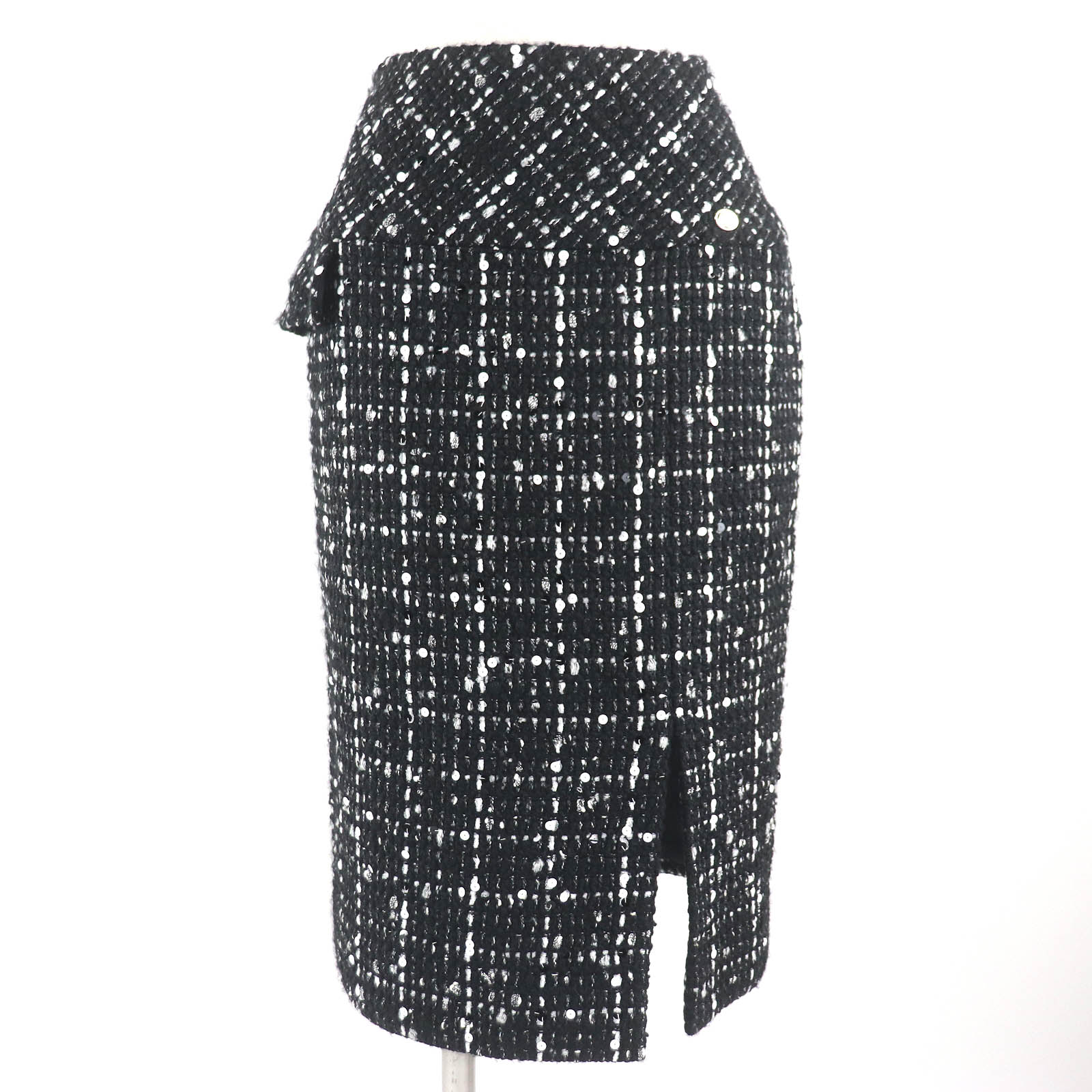 未使用品△CHANEL シャネル P65335 ココマークパーツ スパンコール ウール ツイード タイトスカート ブラック ホワイト 34 レディース オススメ◎【中古】