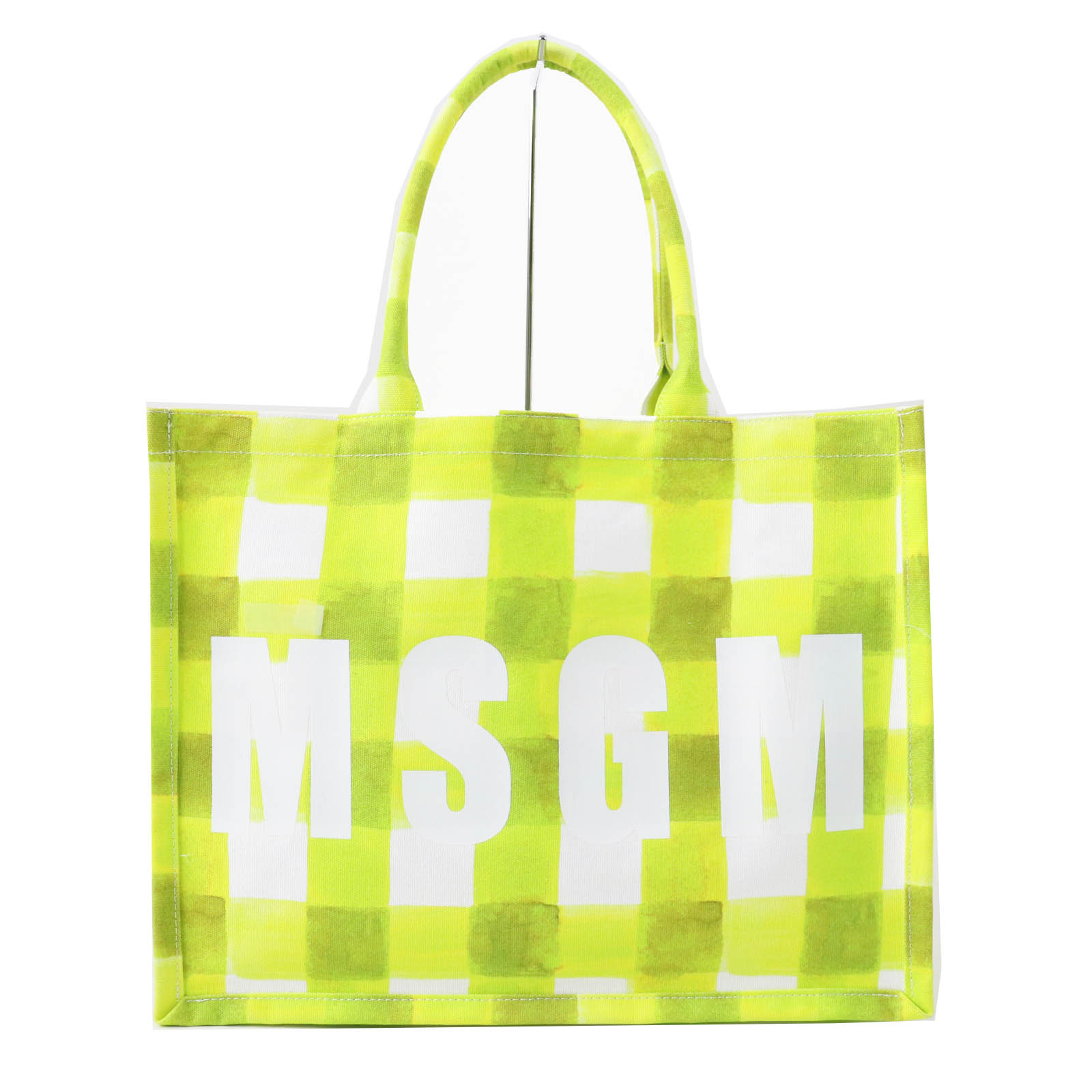 極美品◎MSGM エムエスジーエム 2021年製 3242MDZ75 ロゴ ギンガムチェック柄 トートバッグ ライトグリーン ホワイト 正規品 レディース【中古】