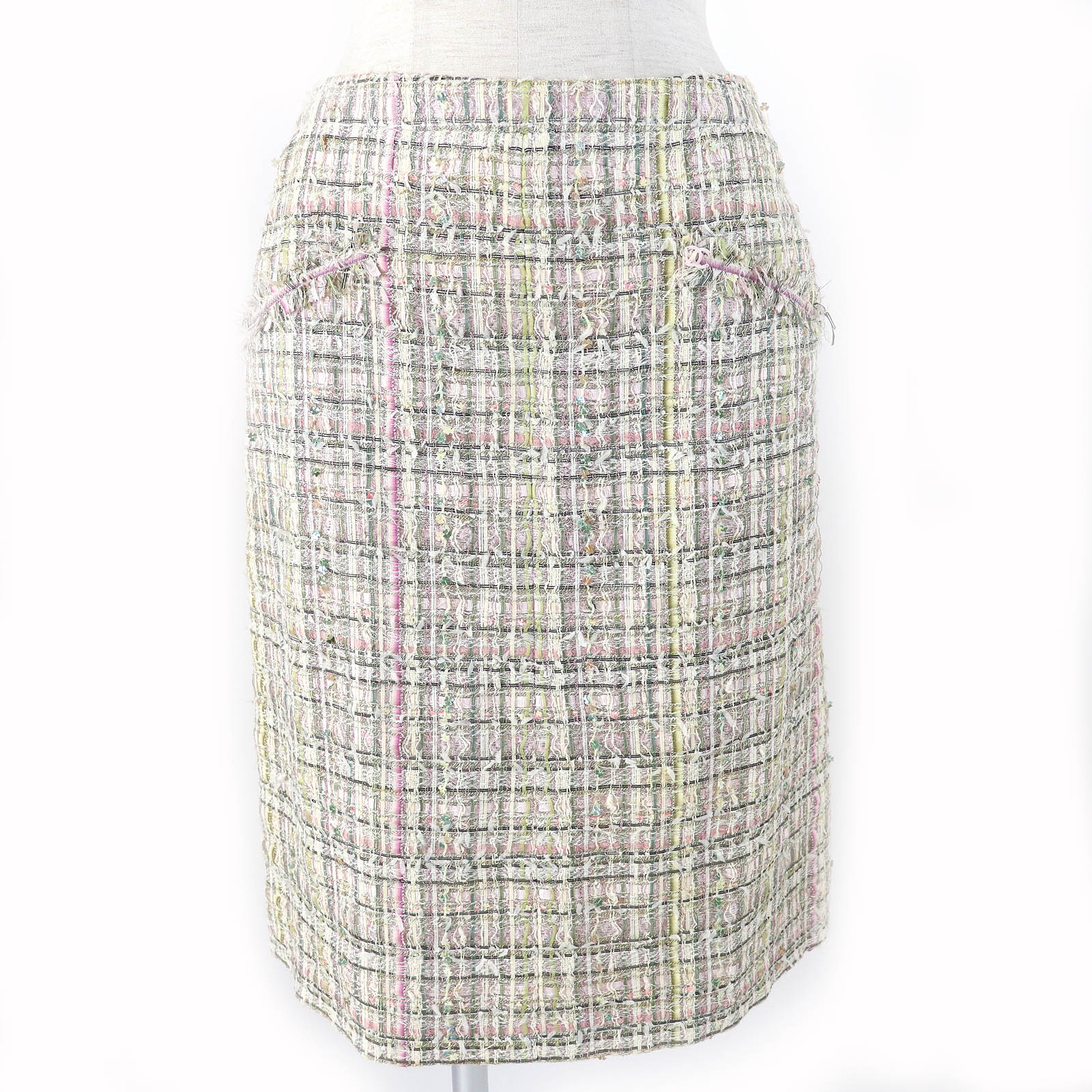美品△CHANEL シャネル 05P P25517 ココマークパーツ フラワースパンコール シルク混 ツイードスカート ベージュ マルチカラー 36 フランス製 レディース【中古】