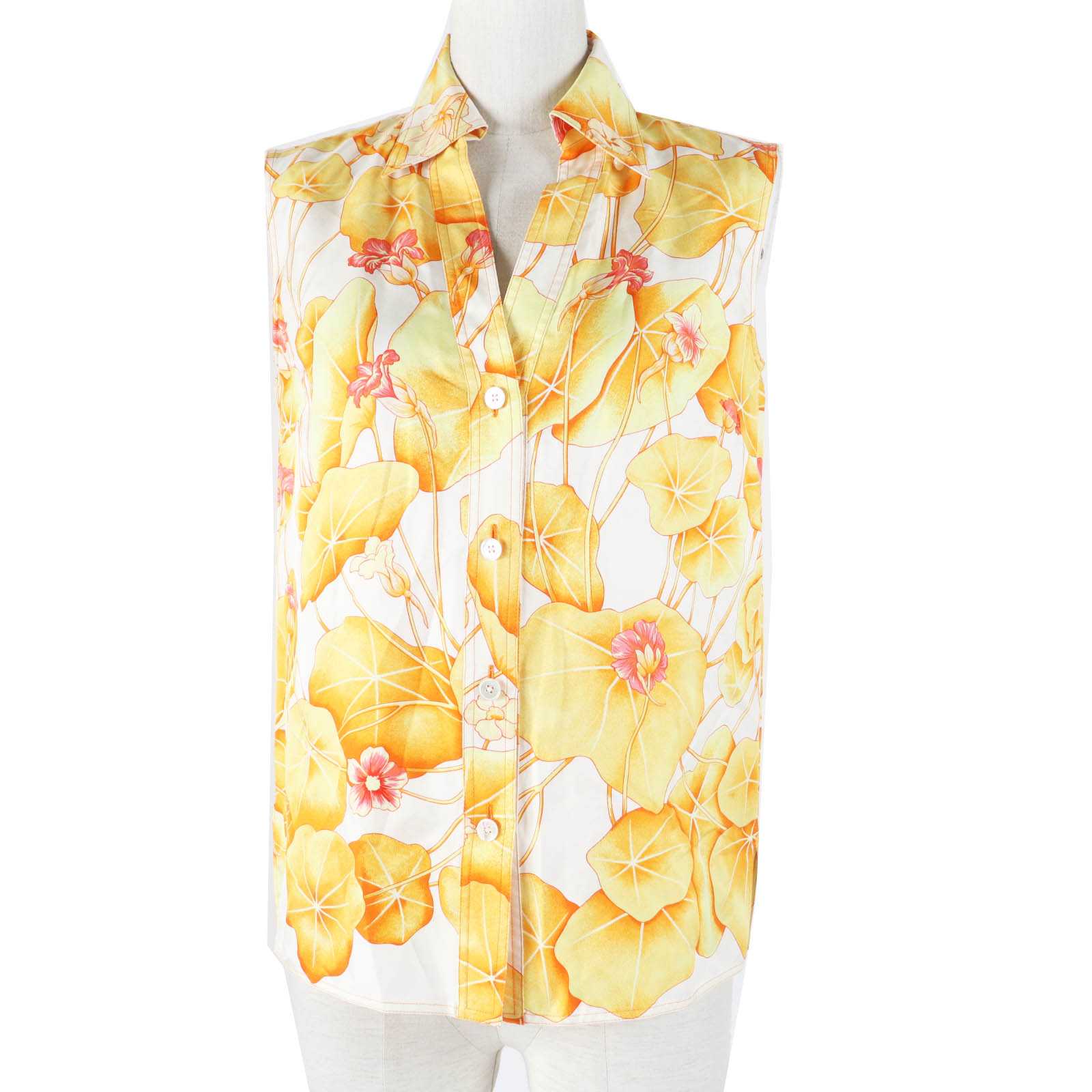 良品◎HERMES エルメス ヴィンテージ マルジェラ期 Les Capucines 金蓮花 シルク100％ ノースリーブシャツ／トップス オレンジ イエロー系 34 フランス製 正規品 レディース【中古】