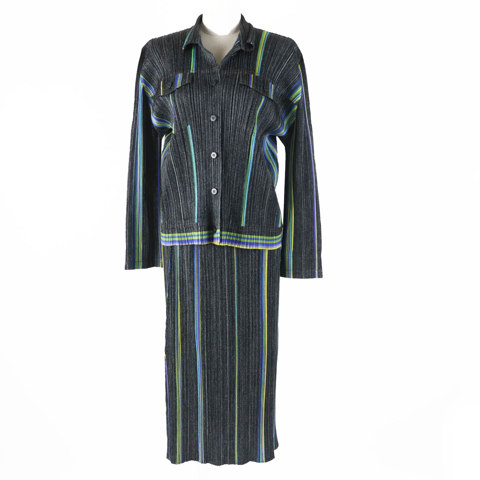 極美品◎PLEATS PLEASE プリーツプリーズ イッセイミヤケ PP53-JD761 PP61-JG704 転写プリント シャツ／ロングスカート セットアップ ダークグレー マルチ 3 日本製 正規品 レディース【中古】