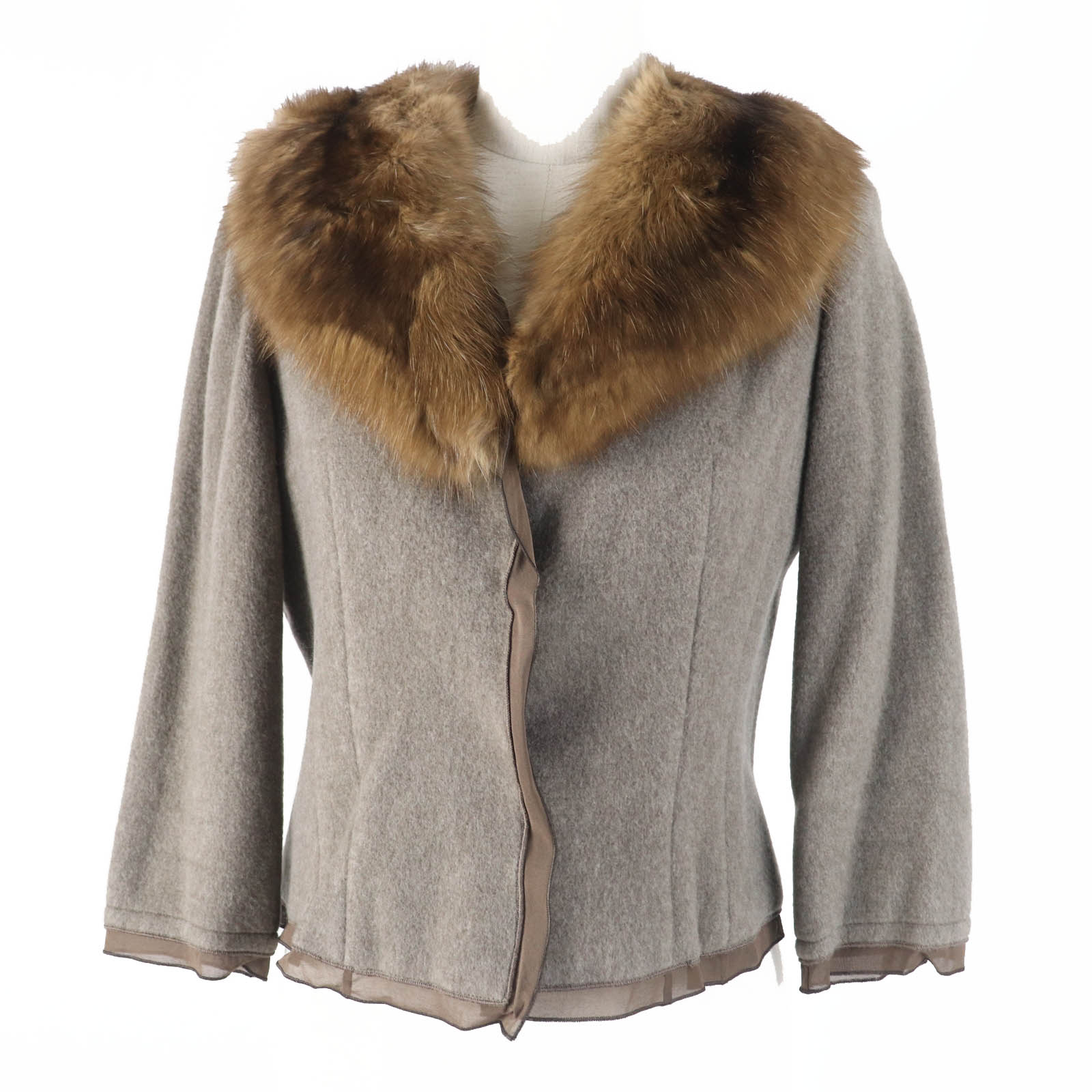 極美品◎FOXEY フォクシー 19625 襟ロシアンセーブル カシミヤ100％ 裏シルク ジャケット ブラウン 40 日本製 正規品 レディース【中古】
