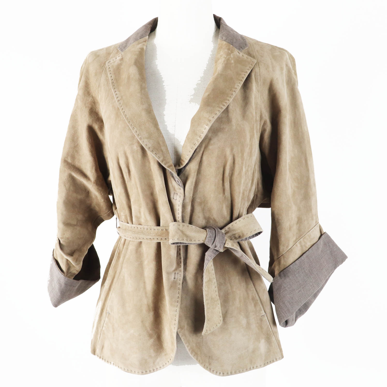 美品◎Brunello Cucinelli ブルネロクチネリ ベルト付き ヌバックレザー ジャケット ベージュ系 44 イタリア製 レディース【中古】