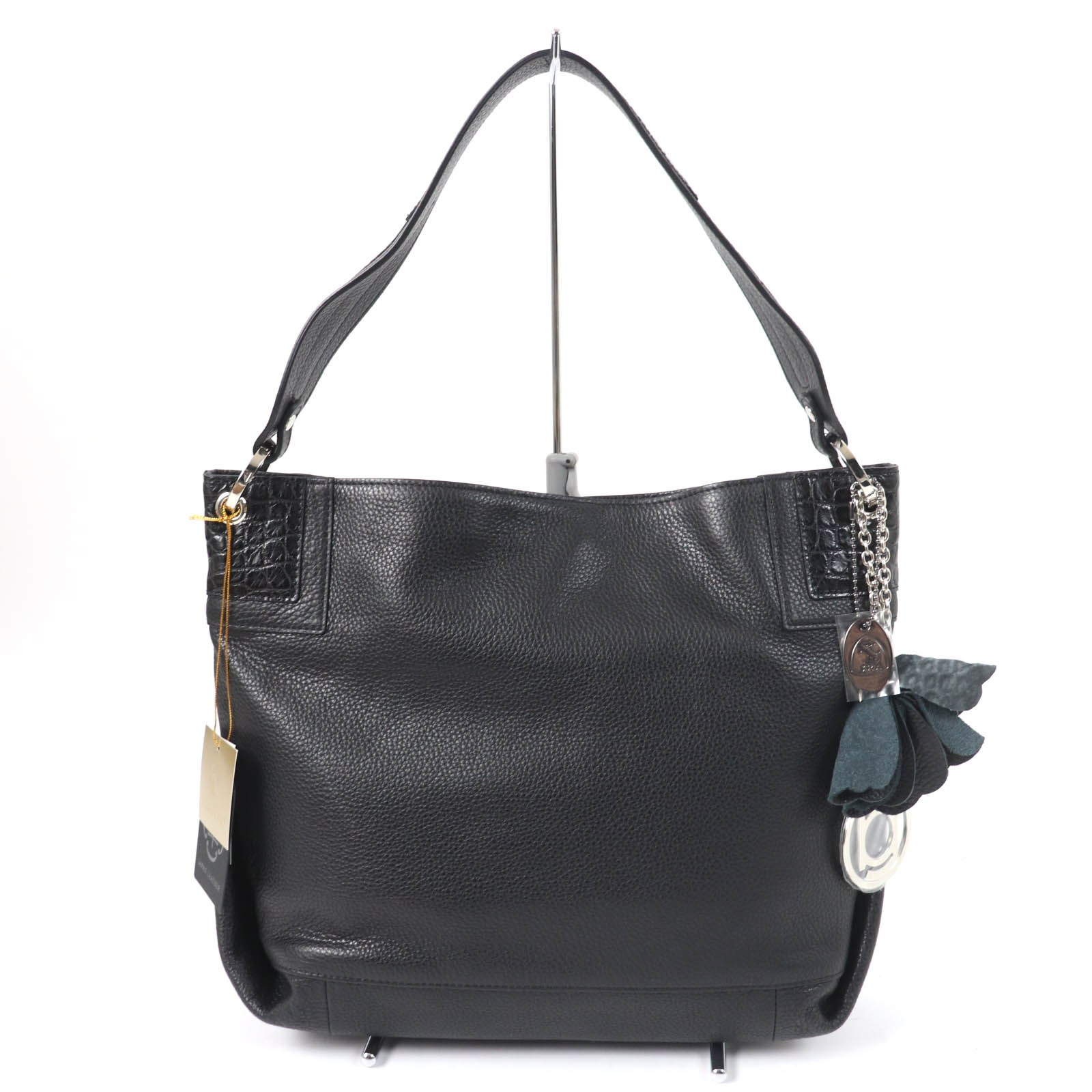未使用品☆BEAUGRAND ボーグラン JRAタグ・チャーム付 クロコレザー使い レザー 2WAY ショルダー・ハンドバッグ ブラック 箱・保存袋付き 日本製 レディース【中古】