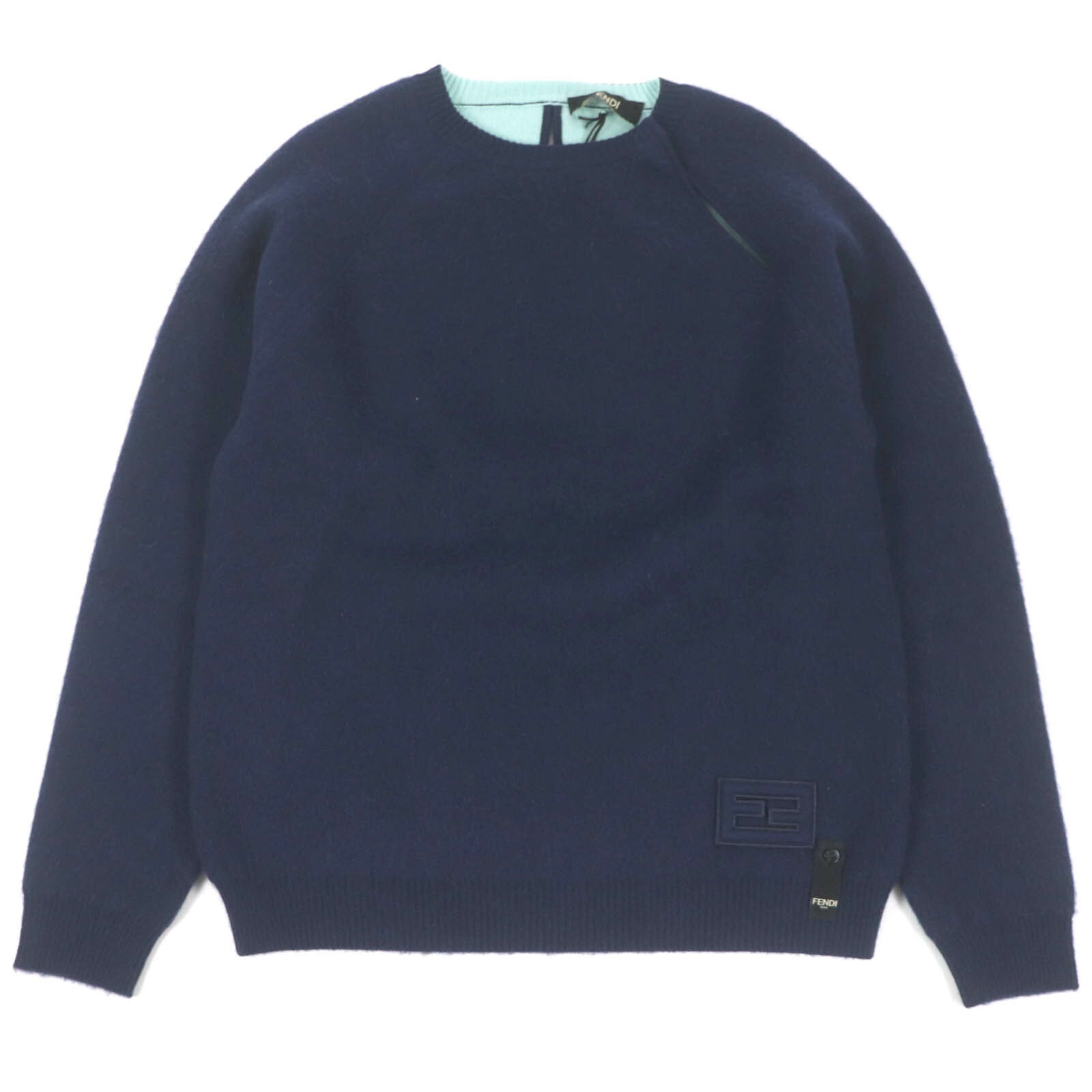 未使用品□FENDI フェンディ 2022年製 FZX110 カシミヤ FFロゴ ズッカ ワッペン 長袖 ニットセーター ネイビー 46 イタリア製 正規品 メンズ【中古】