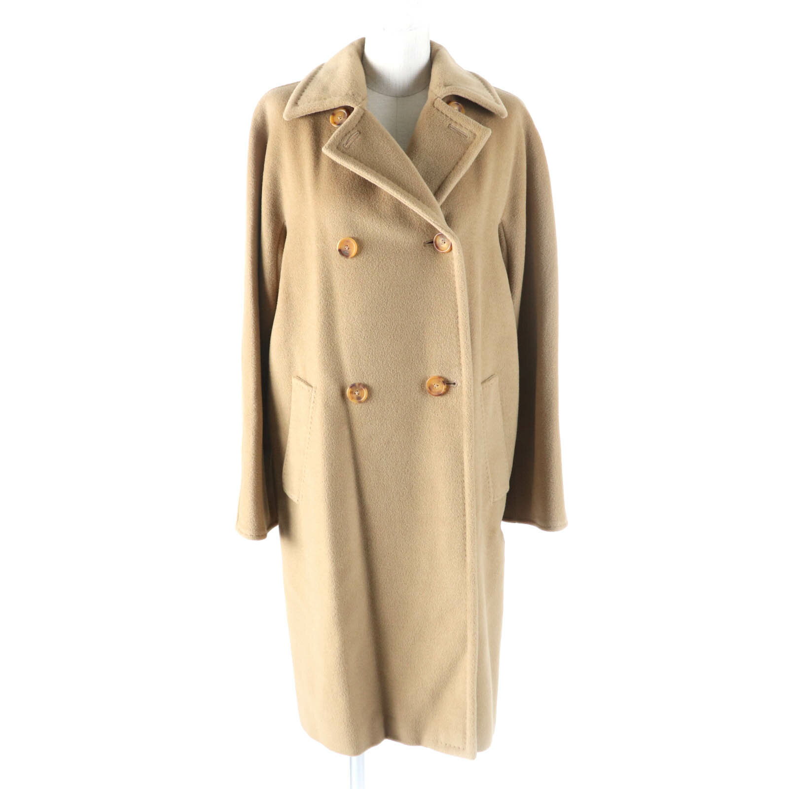美品★Max Mara マックスマーラ ウール カシミヤ混 白タグ 50周年限定 ロゴボタン付 ダブルブレスト ロング コート ベージュ 38 ハンガー・ガーメント付き イタリア製 レディース【中古】