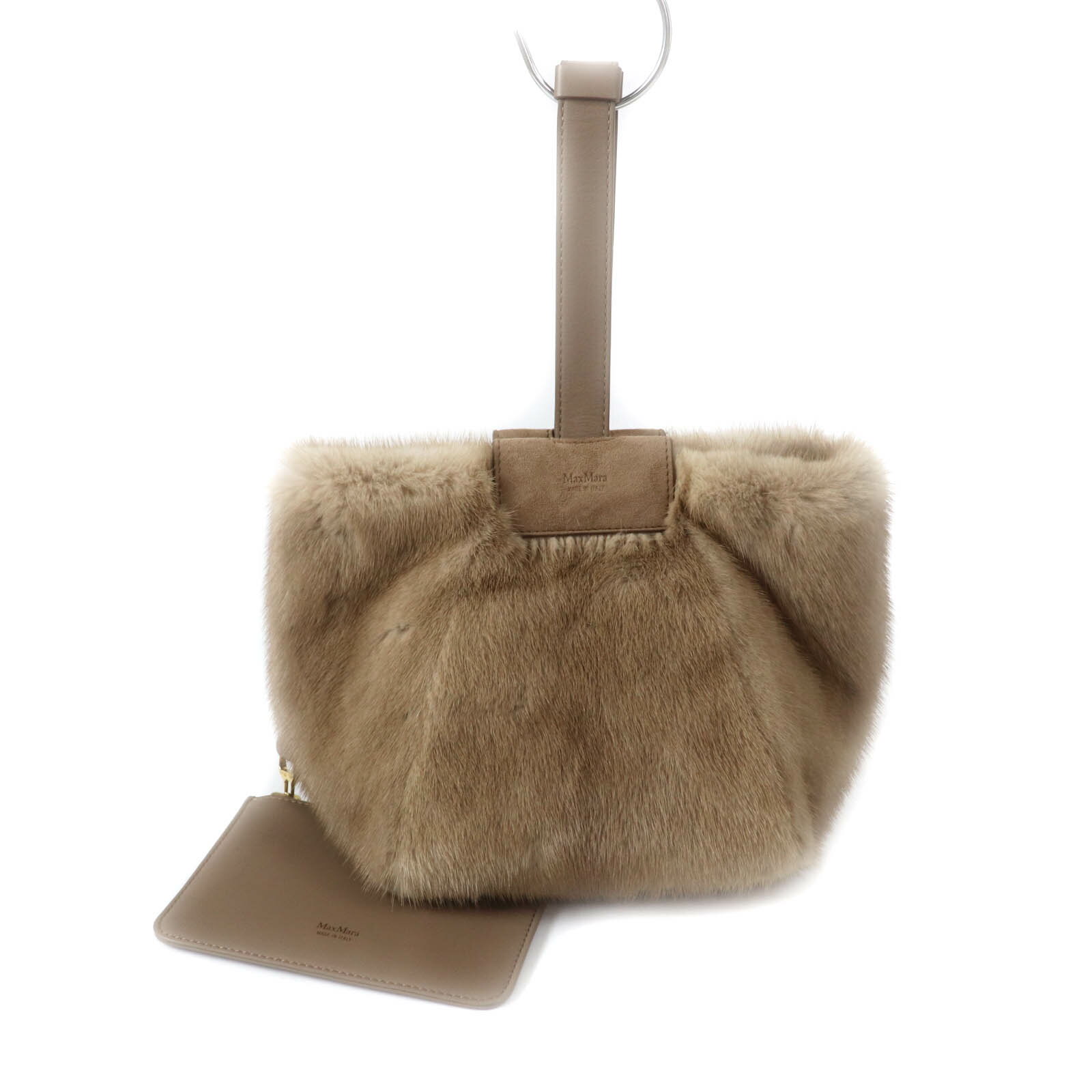 極美品★Max Mara マックスマーラ ポーチ付 レザー使い ミンク ハンドバッグ 鞄 ライトブラウン 保存袋付き イタリア製 レディース【中古】