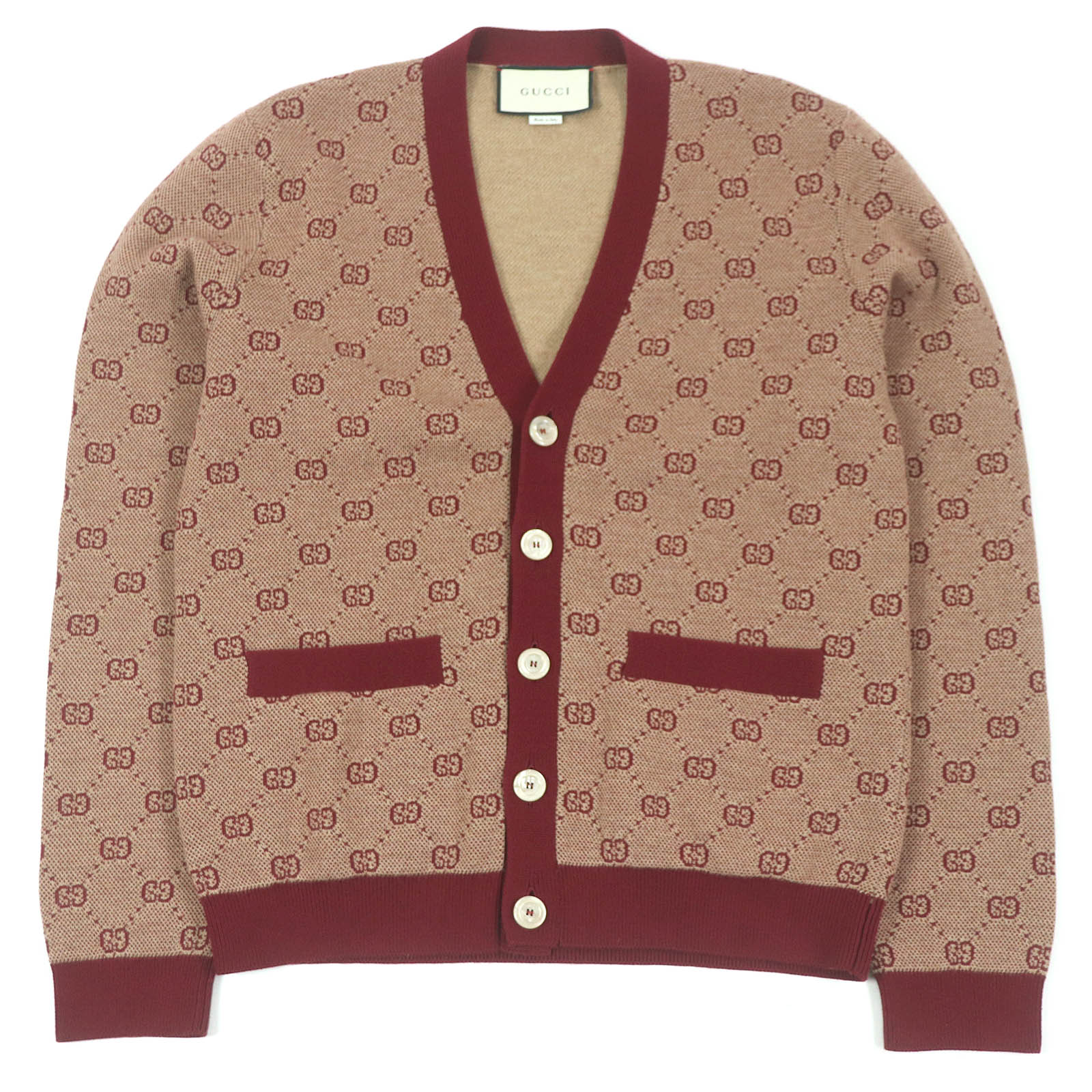 極美品□GUCCI グッチ 20AW 572631 ウール コットン GGジャガード ロゴ総柄 ニットカーディガン セーター ボルドー S イタリア製 正規品 メンズ【中古】