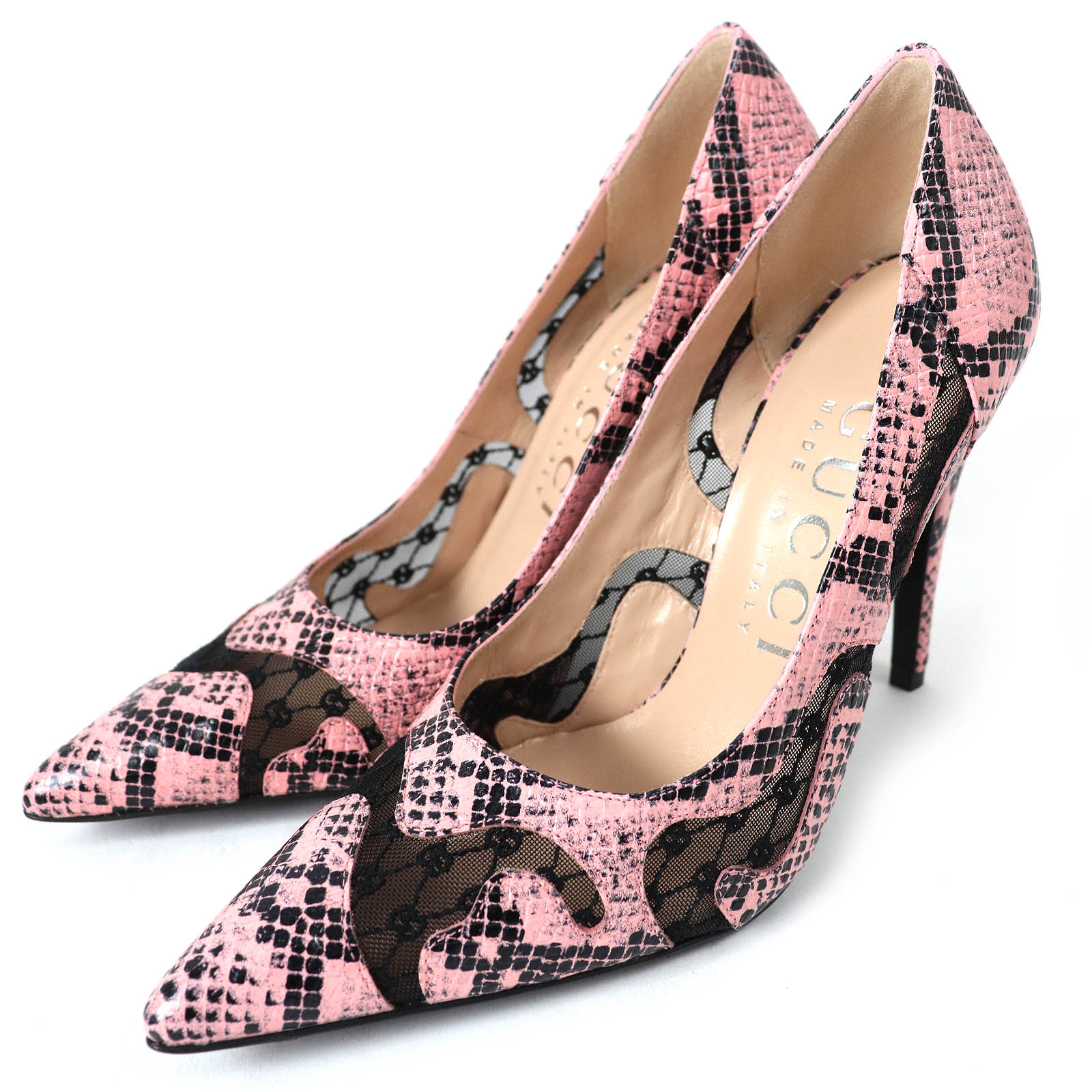 未使用品△GUCCI グッチ 738689 GGランバス パイソン プリント ポインテッドトゥ ハイヒール レザー パンプス ピンク ブラック 36.5 箱・保存袋付き イタリア製 レディース 大人気 オススメ◎【中古】