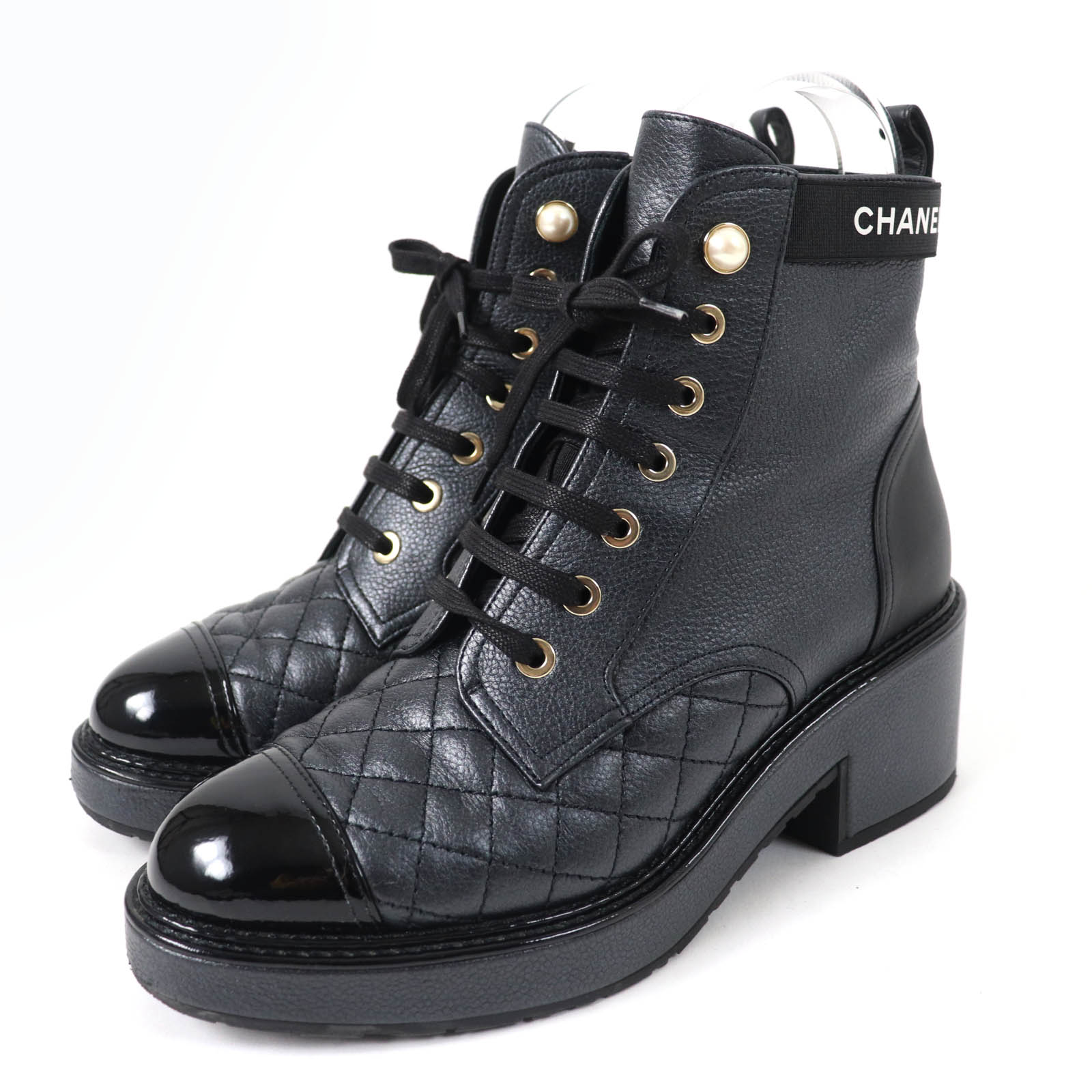 極美品☆CHANEL シャネル G38514 ロゴ マトラッセ Fパール付 レースアップ レザー アンクルブーツ ブラック 37 イタリア製 レディース【中古】