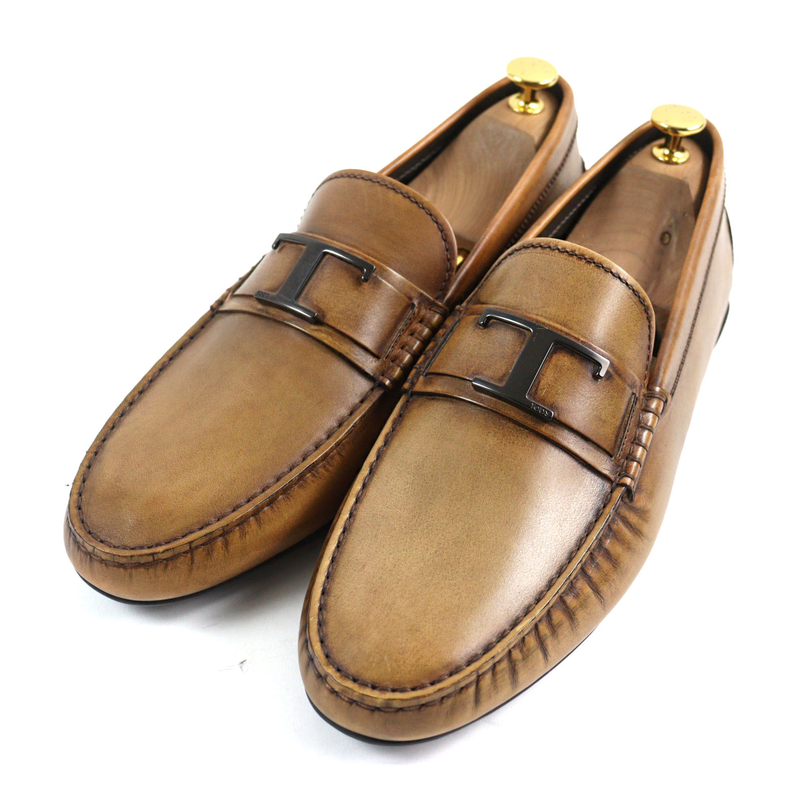 極美品○TOD’S トッズ シティ ゴンミーニ Tタイムレス ブラッシュドレザー ラバーペブル ドライビングシューズ スリッポン ブラウン 9 イタリア製 メンズ【中古】