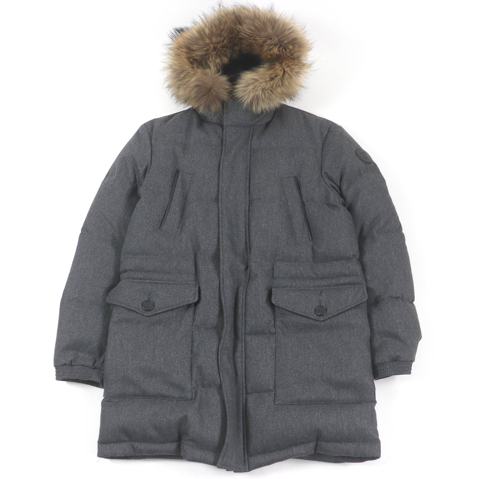 極美品□Dunhill ダンヒル ウール カシミヤ ロゴパッチ ラクーンファー フーデッド ダウンコート グレー Lサイズ相当 イタリア製 正規品 メンズ【中古】