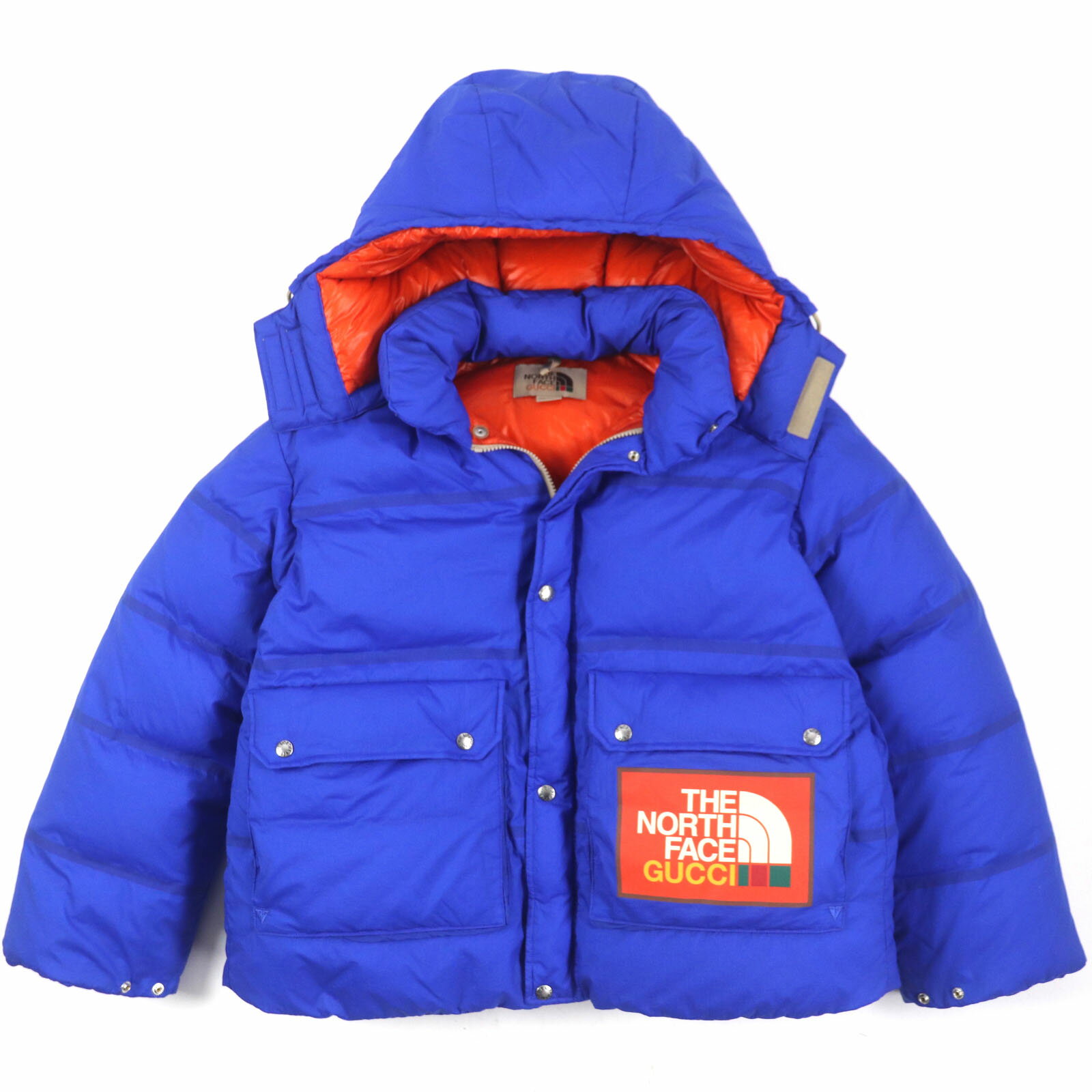 極美品▼GUCCI×THE NORTH FACE グッチ×ザ・ノースフェイス 663735 ロゴプリント フード付き ジップアップ ダウンジャケット ブルー オレンジ S 正規品 メンズ【中古】