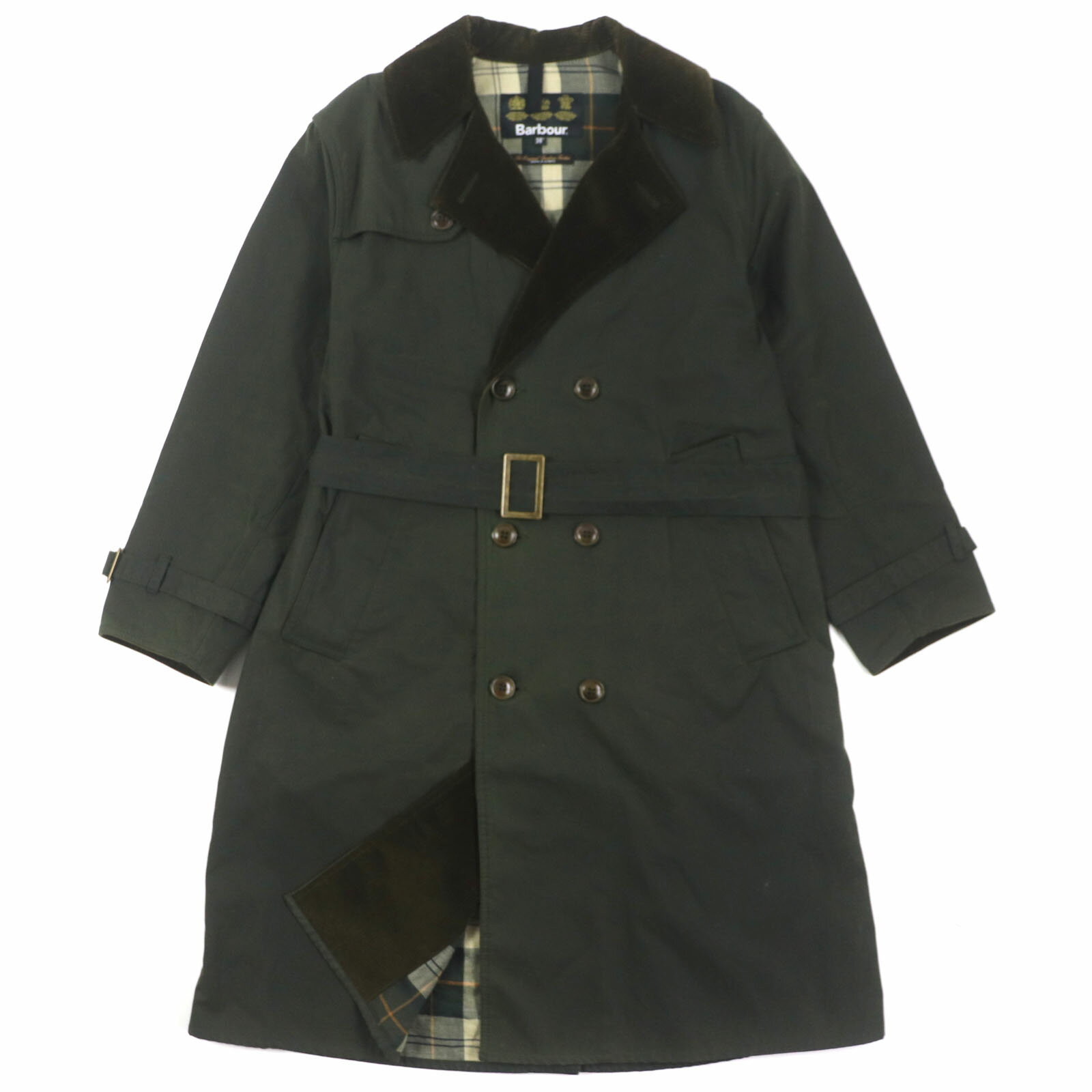美品▼Barbour バブアー コットン100% コーデュロイ使い 裏地チェック柄 オイルドコート カーキ 36 ブルガリア製 正規品 メンズ【中古】
