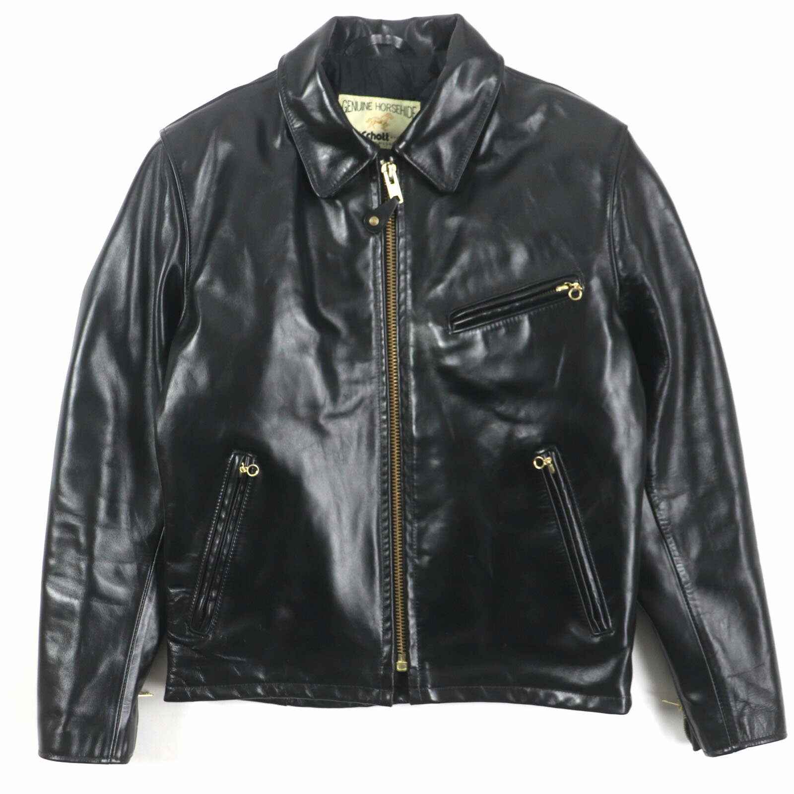 美品▼schott ショット 689H ホースハイド ジップアップ 中綿入り シングル レザージャケット ブラック ゴールド金具 38 USA製 メンズ【中古】