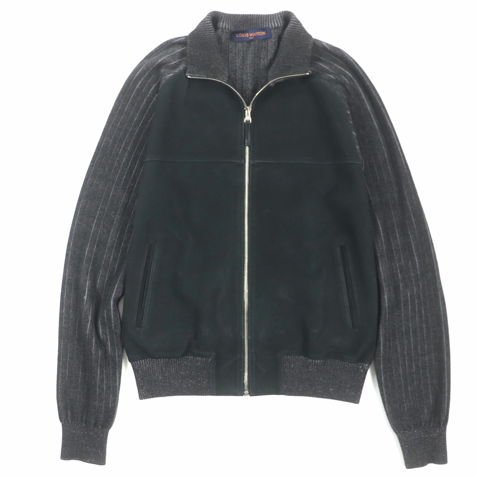 良品▼LOUIS VUITTON ルイヴィトン HGN11WIYV コットン100% レザー切替 ドライバーズニット ジップアップジャケット ブルゾン ブラック ダークグレー M イタリア製 正規品 メンズ【中古】