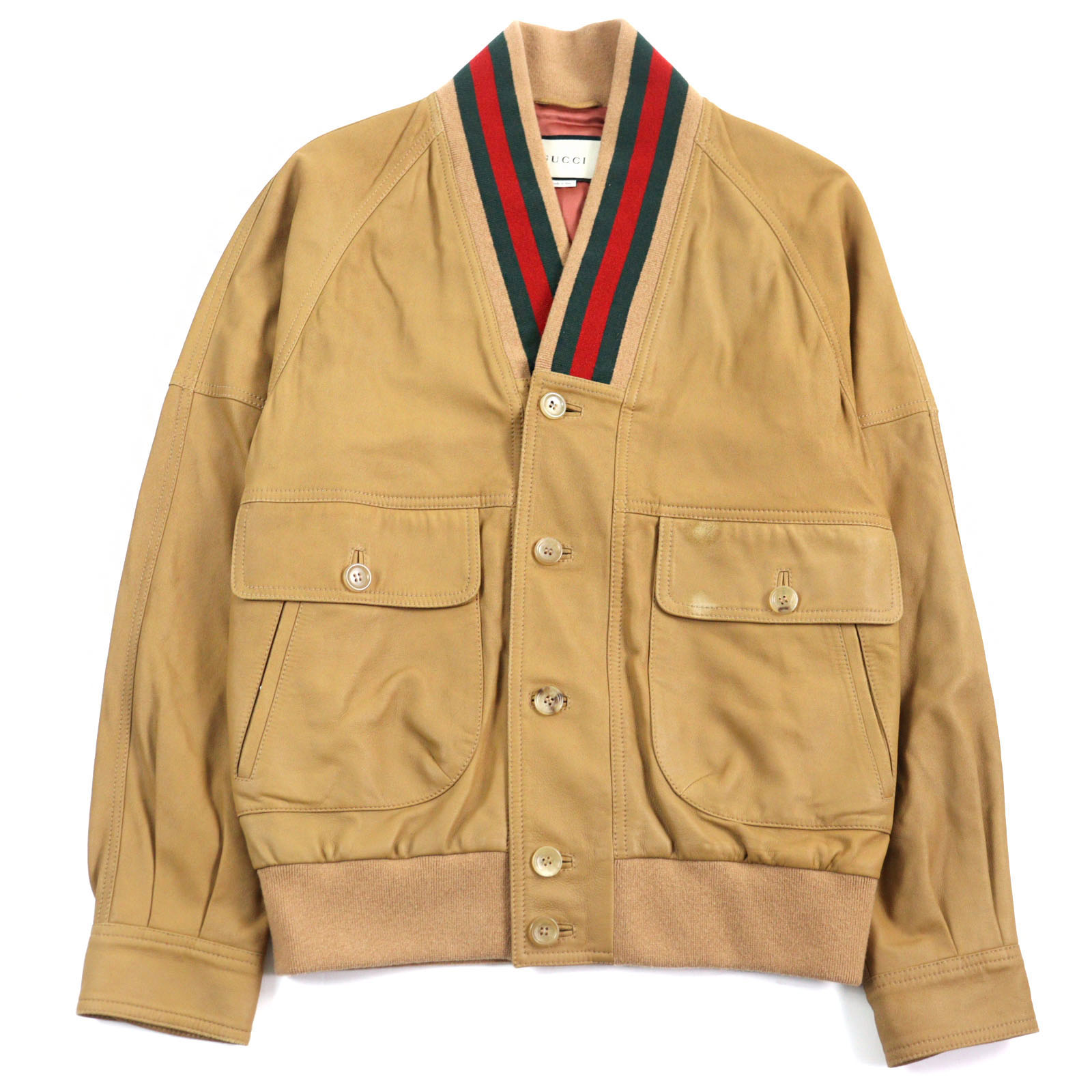 【ドンドン見直し】良品○GUCCI グッチ 567428 ヤギ革 シェリーライン Vネック リブ切替 レザージャケット ブルゾン キャメル系 46 イタリア製 正規品 メンズ【中古】