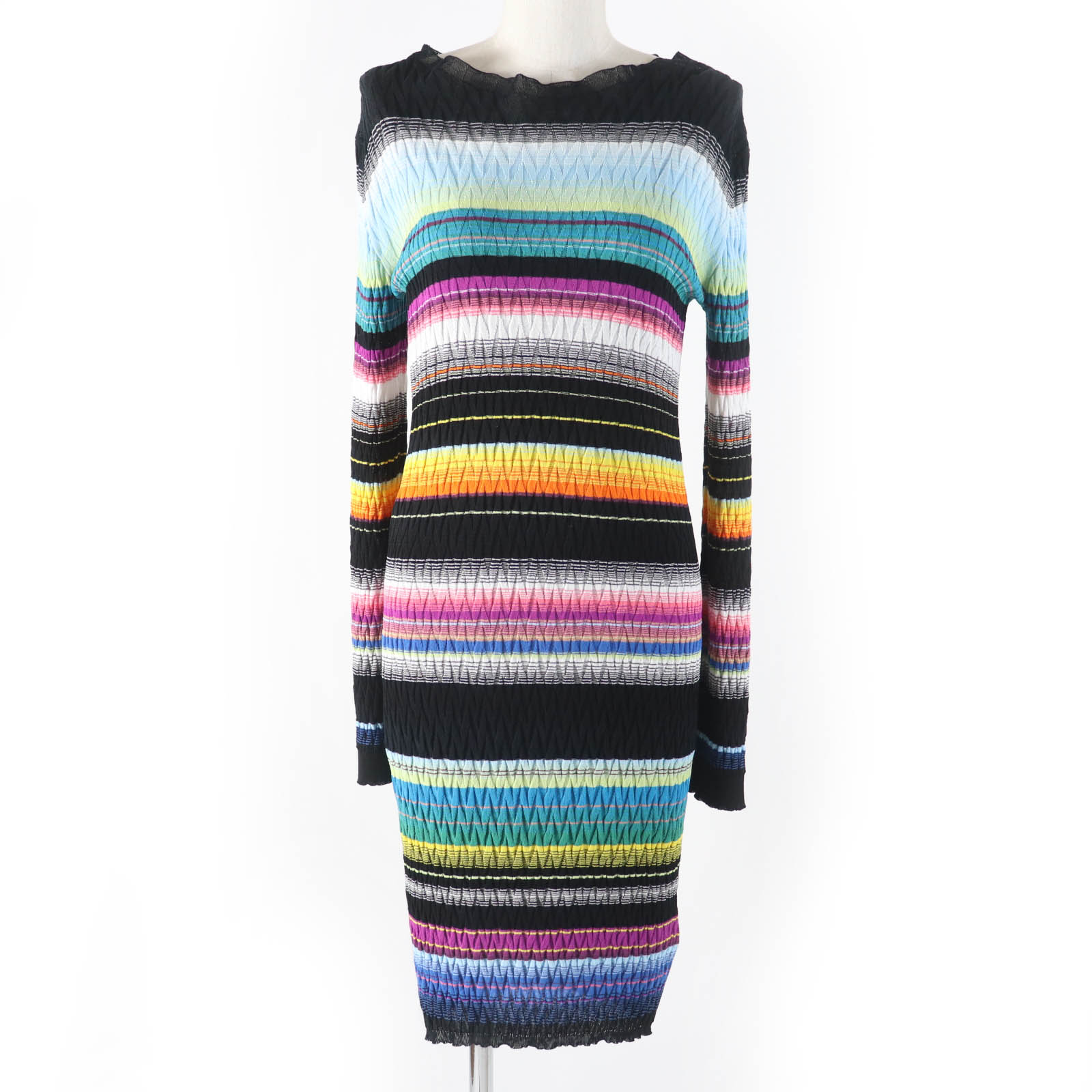 極美品☆Missoni ミッソーニ ボーダー総柄デザイン 長袖 ニット ワンピース マルチカラー 40 イタリア製 正規品 レディース【中古】