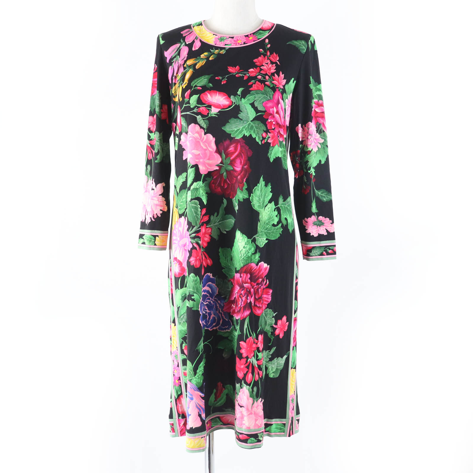 美品☆LEONARD FASHION レオナール ファッション シルク100％ 花柄デザイン 長袖 ワンピース ブラック マルチカラー 11 レディース【中古】