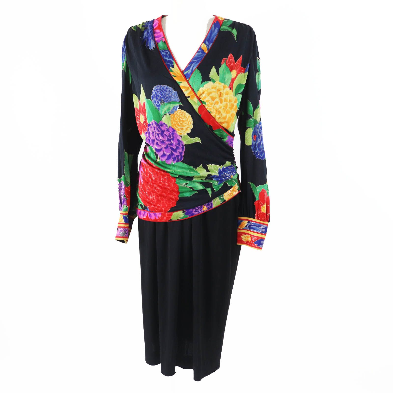 美品◎LEONARD レオナール シルク切替 フラワープリント／花柄 カシュクール ワンピース マルチ ブラック 11AR レディース【中古】