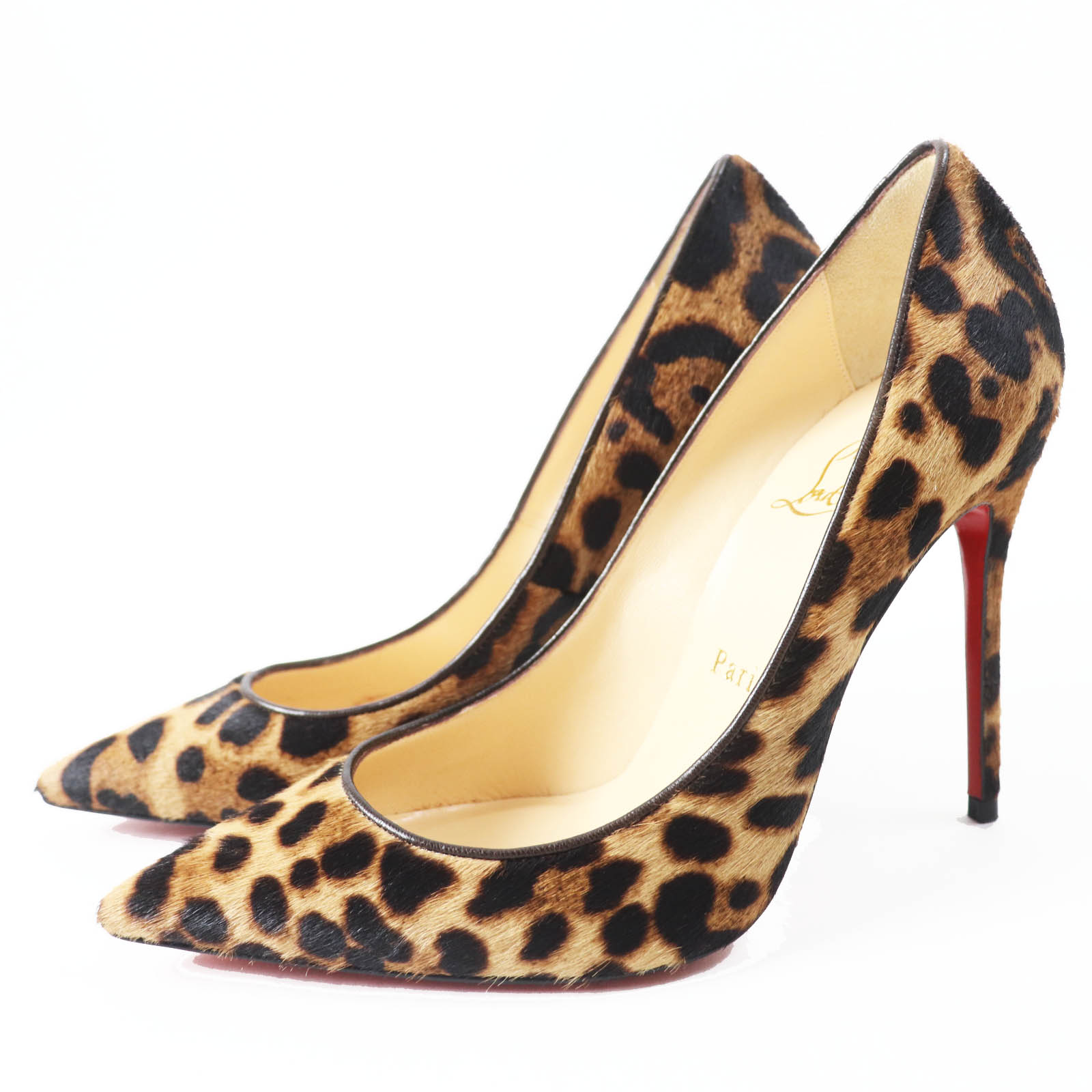極美品◎Christian Louboutin クリスチャンルブタン レオパード柄 ポインテッドトゥ ハラコレザーパンプス ブラウン 37 イタリア製 レディース【中古】