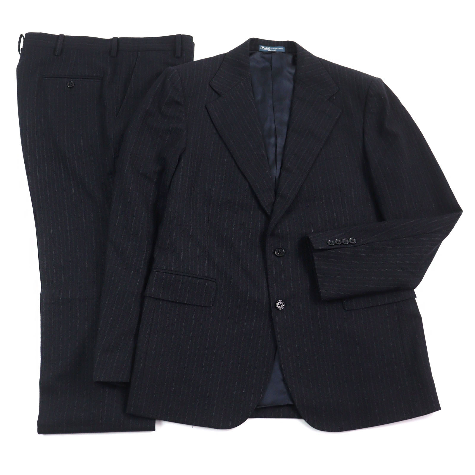 美品○Polo by Ralph Lauren ポロバイラルフローレン GARRISON SUIT ウール シングル 2B スーツ ネイビー系 ストライプ柄 42 S イタリア製 正規品 メンズ【中古】