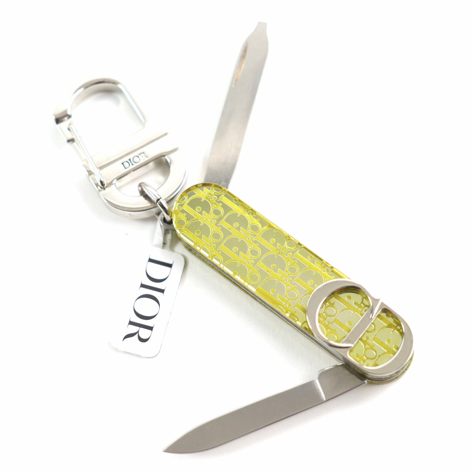 未使用品▼VICTORINOX DIOR ビクトリノックス ディオール オム V0692HOMMT008U オブリーク CDロゴ マルチツール アーミーナイフ型 キーホルダー シルバー クリアイエロー シルバー金具 ケース付き スイス製 メンズ【中古】