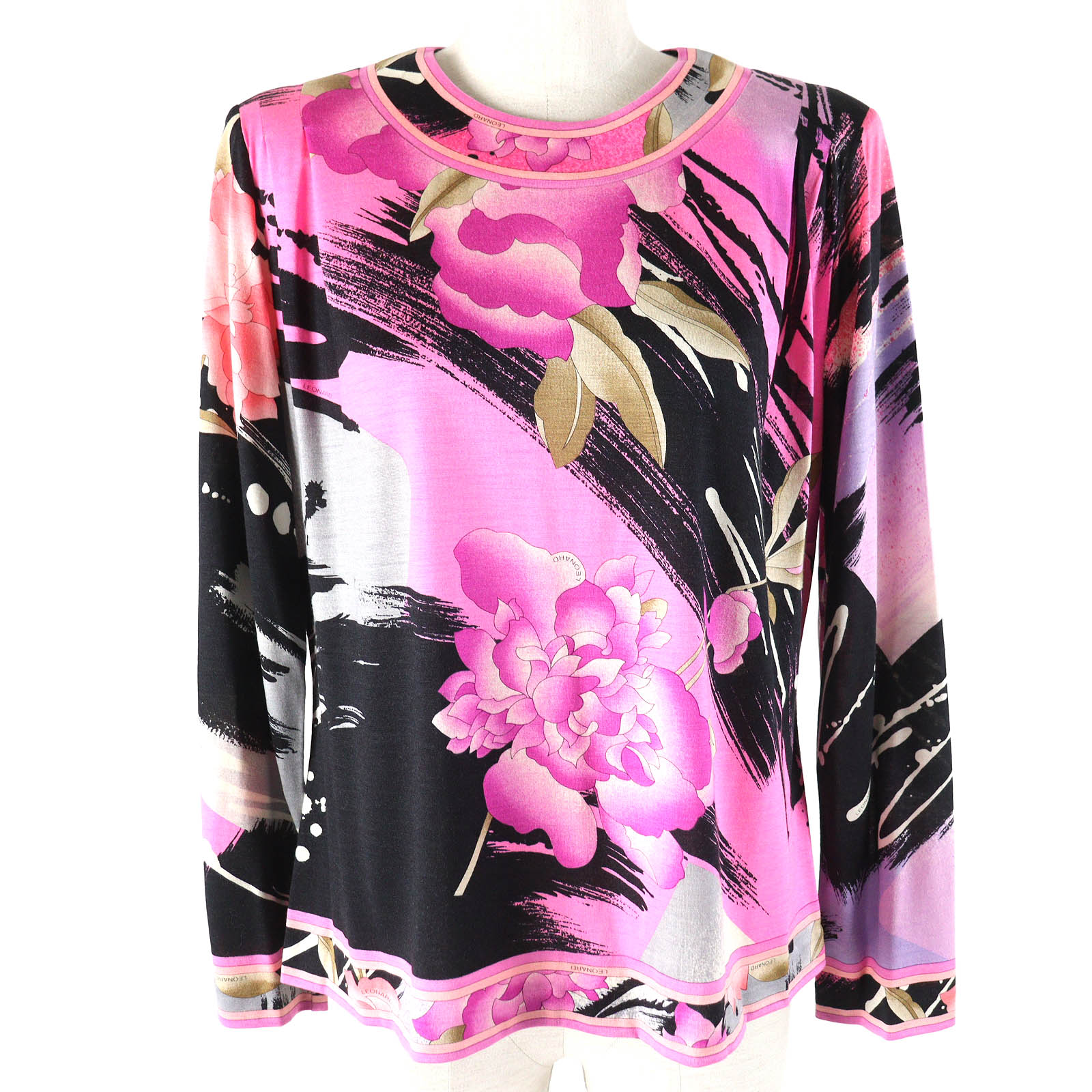 極美品△LEONARD FASHION レオナール ファッション ウール シルク 花柄デザイン クルーネック 長袖 トップス カットソー ピンク系 ブラック LL 日本製 正規品 レディース オススメ◎【中古】