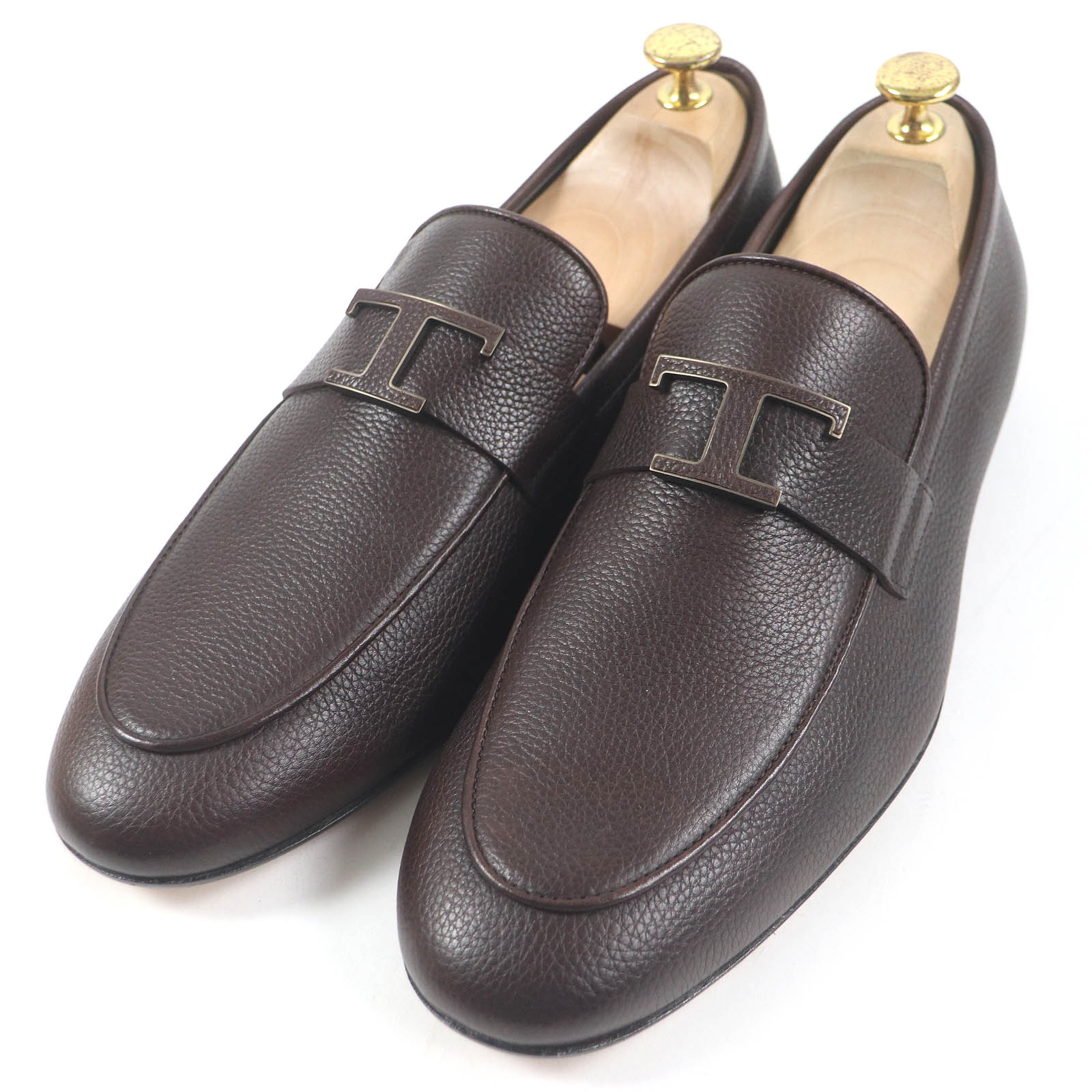 極美品□TOD’S トッズ T タイムレス ロゴ金具 レザー モカシン ローファー フラットシューズ ダークブラウン 8 箱付き イタリア製 メンズ【中古】
