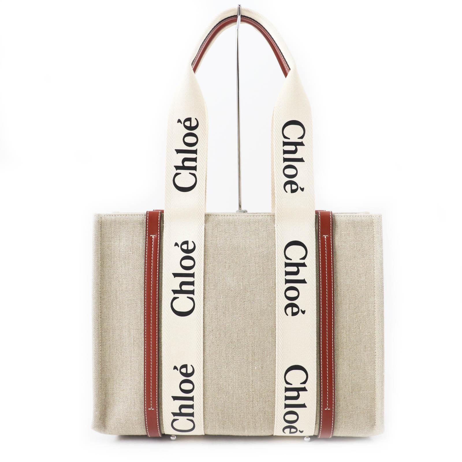 極美品◎Chloe クロエ CHC22AS383I2690U ウッディ ミディアム リネンキャンバス カーフスキン トートバッグ ベージュ系 保存袋付き イタリア製 レディース【中古】