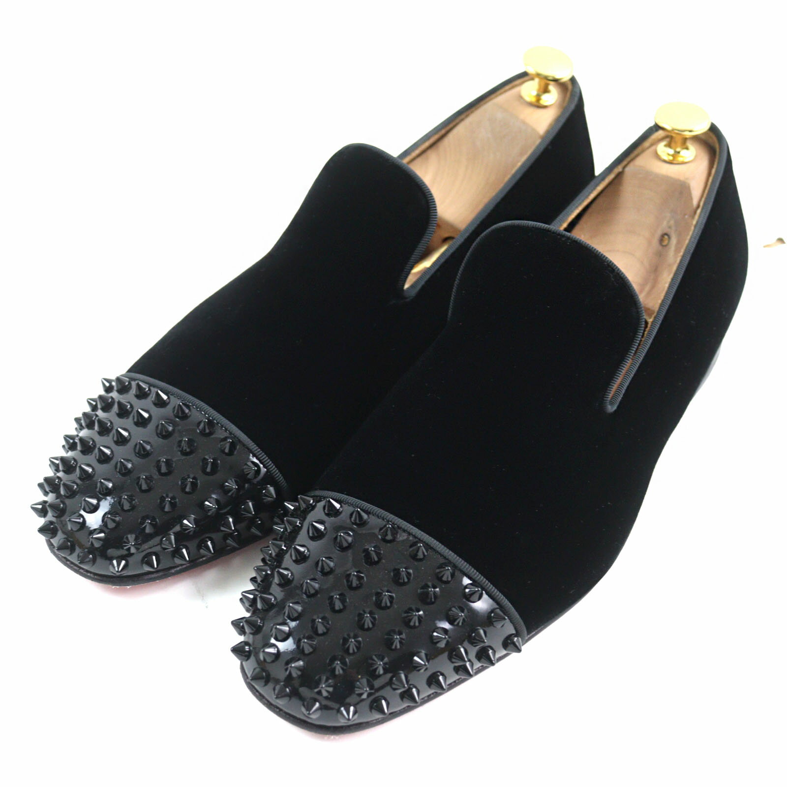 【ドンドン見直し】美品○Christian Louboutin クリスチャンルブタン Dynodent Flat Suede スパイクスタッズ 異素材切替 ベロア スリッポン ローファー レザーシューズ ブラック 43 イタリア製 メンズ【中古】